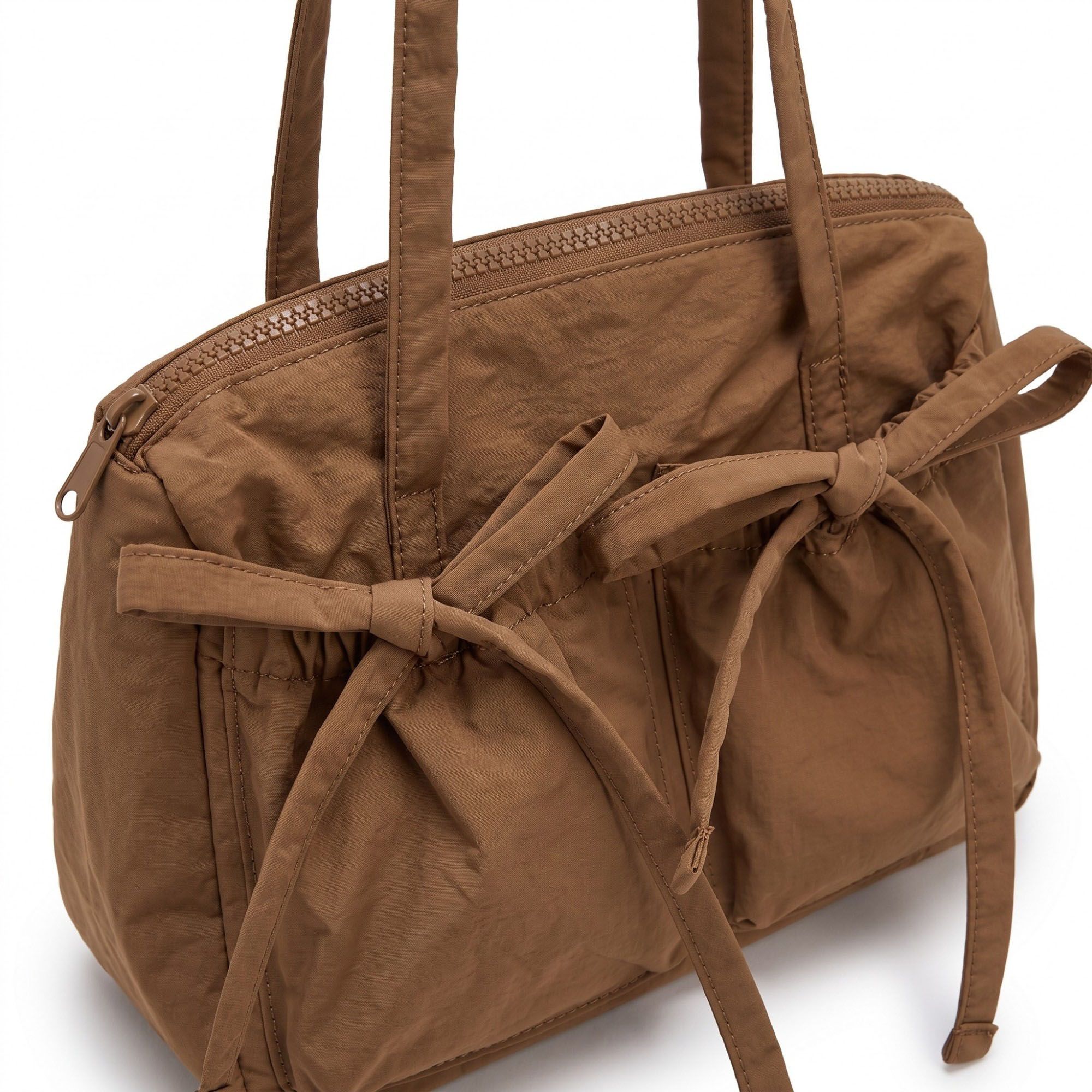 Multi-Pocket Shoulder Tote Bag with Bow-Tie Drawstrings and Top Zipper 11.5x9x5in
