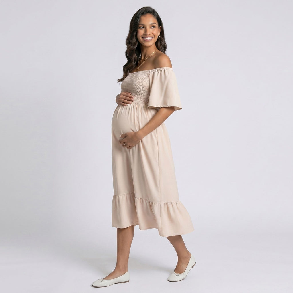 Maternity Off Shoulder Smocked Maxi Dress with Short Sleeves and Flowy Skirt
