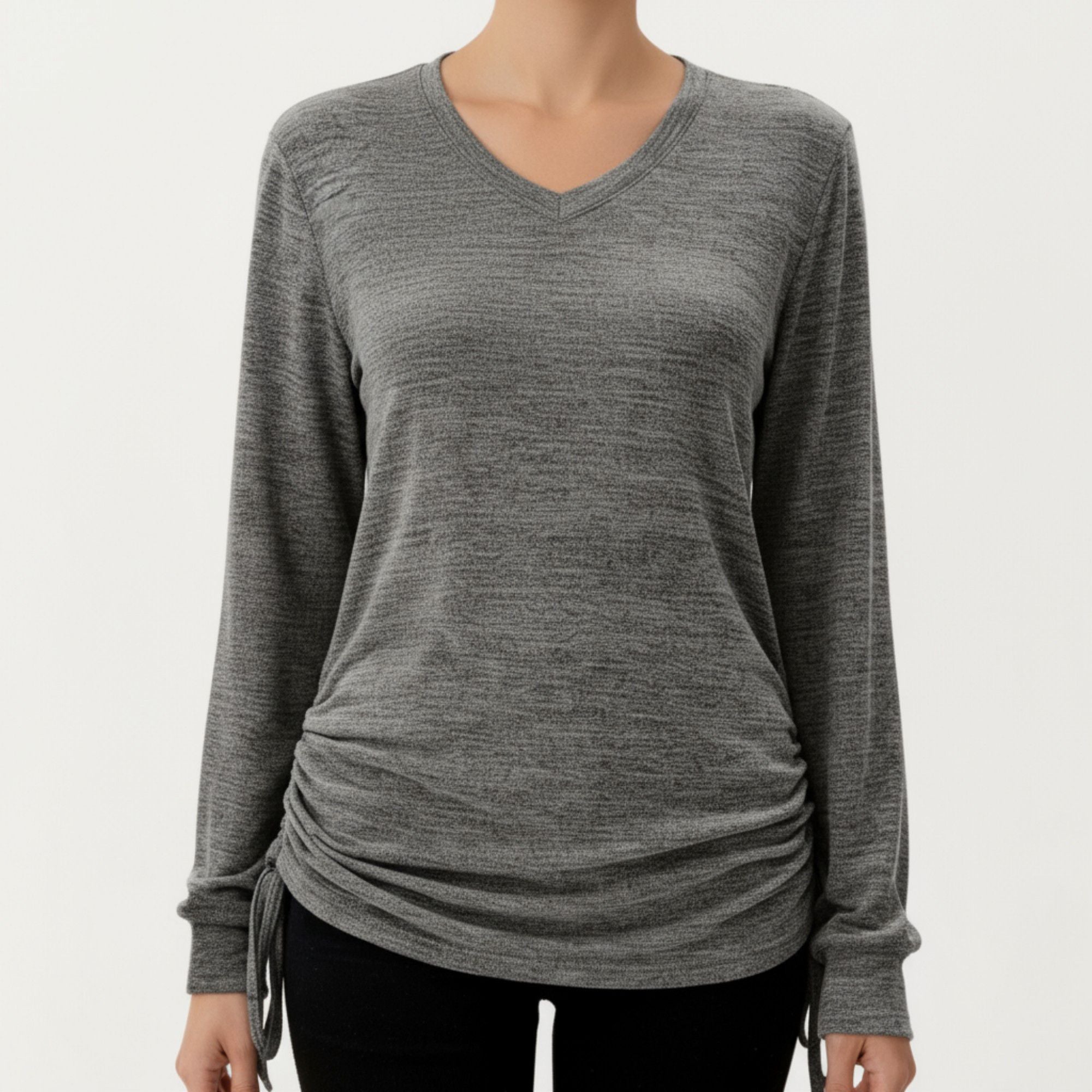 Anna-Kaci Women's Long Sleeve V-Neck Top with Side Drawstring Ruched Hem