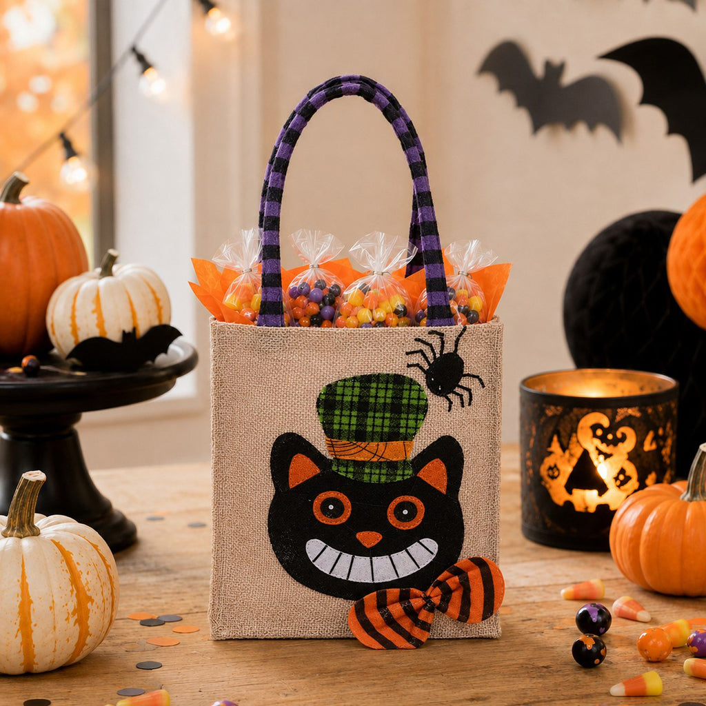Halloween Burlap Trick or Treat Tote Bag with Character Applique