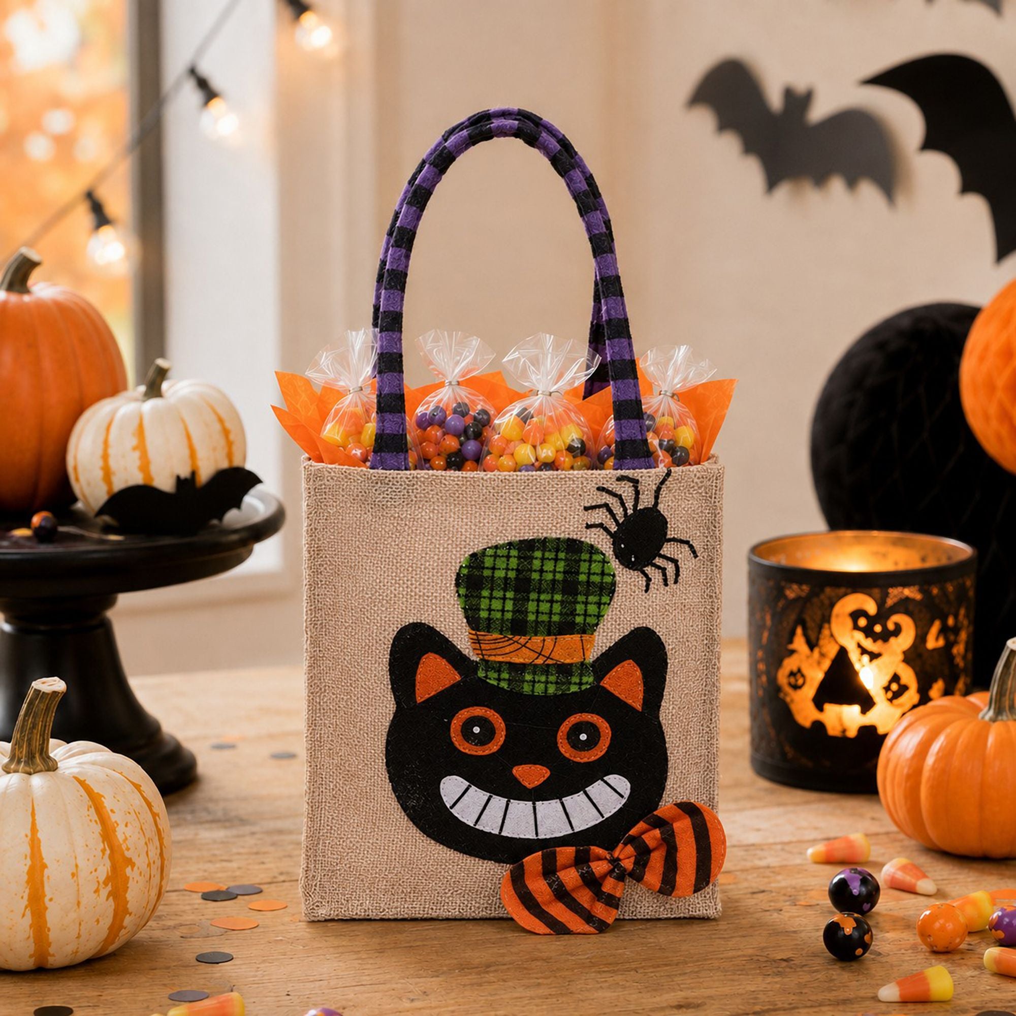 Halloween Burlap Trick or Treat Tote Bag with Character Applique