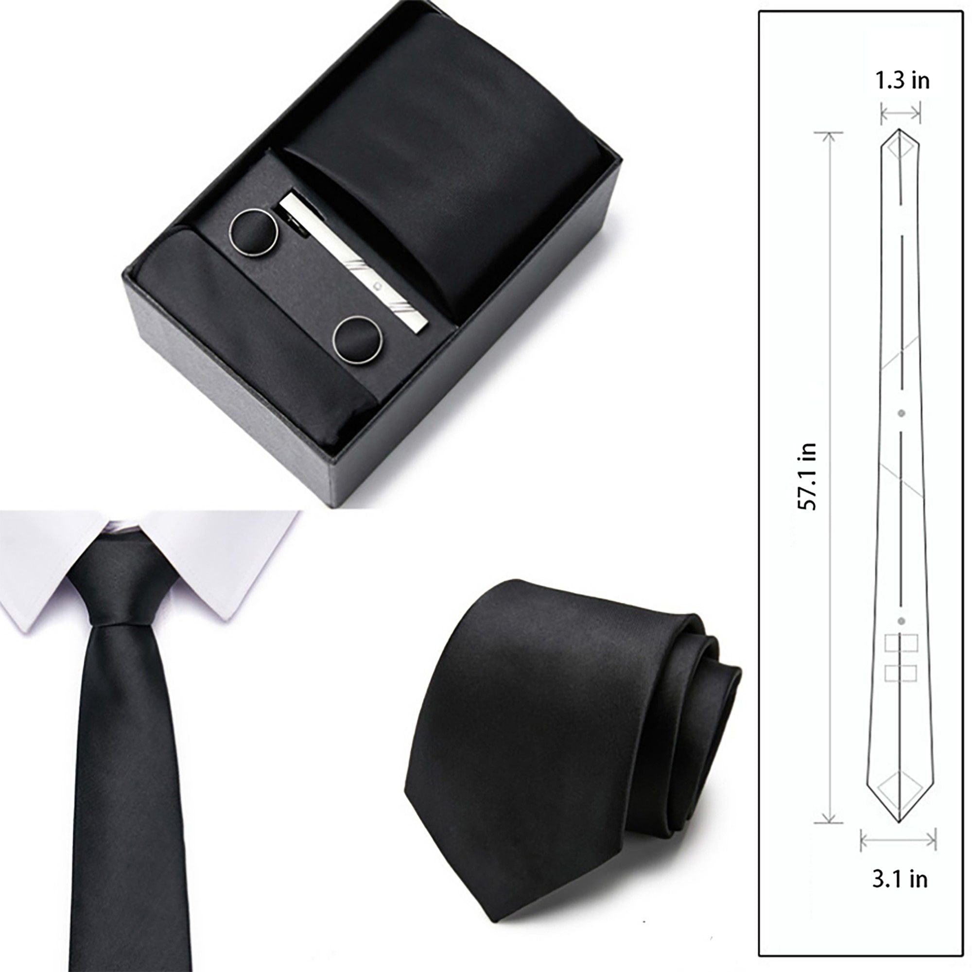Men's Solid Textured Tie Gift Set Necktie Pocket Square Cufflinks Tie Clip Formal Accessory Set