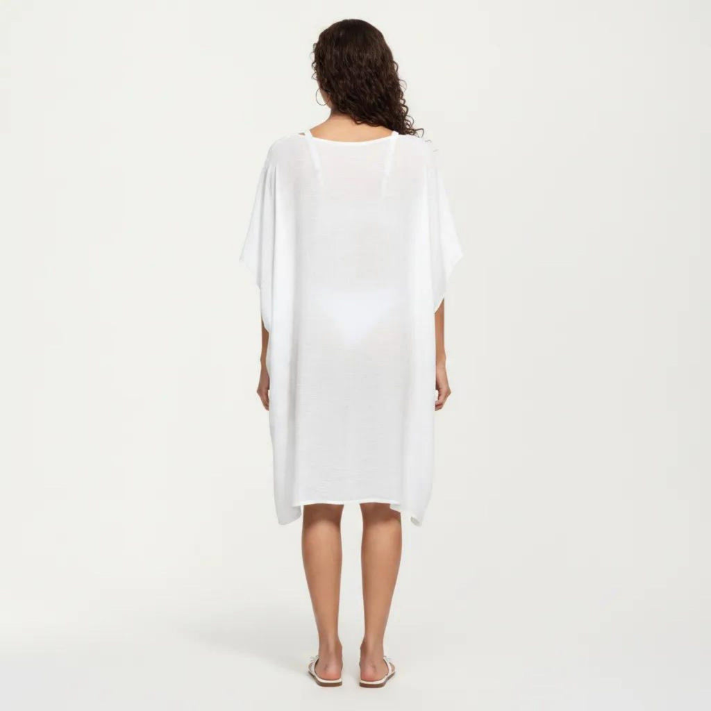 Anna-Kaci Women's Crochet Trim Swim Cover Up Dress Loose Short Sleeve Lightweight Beach Kaftan