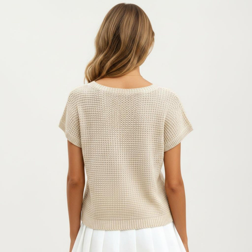 Anna-Kaci Women's Short Sleeve Textured Knit Top with Crew Neck Ribbed Trim and Relaxed Fit