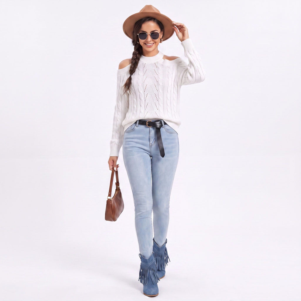 Mock Neck Cold Shoulder Cable Knit Long Sleeve Pullover Sweater