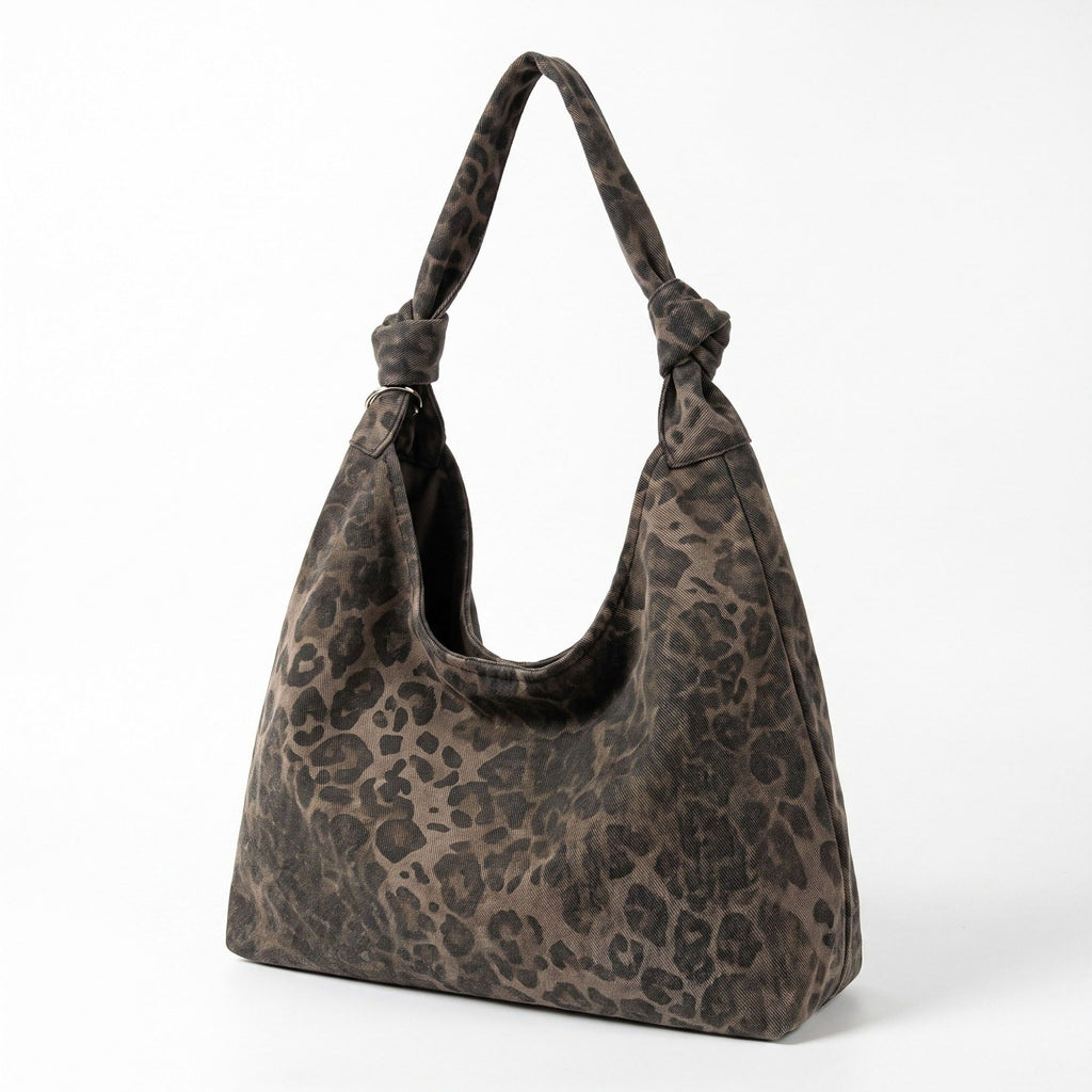 Oversized Leopard Print Hobo Shoulder Bag with Knotted Strap