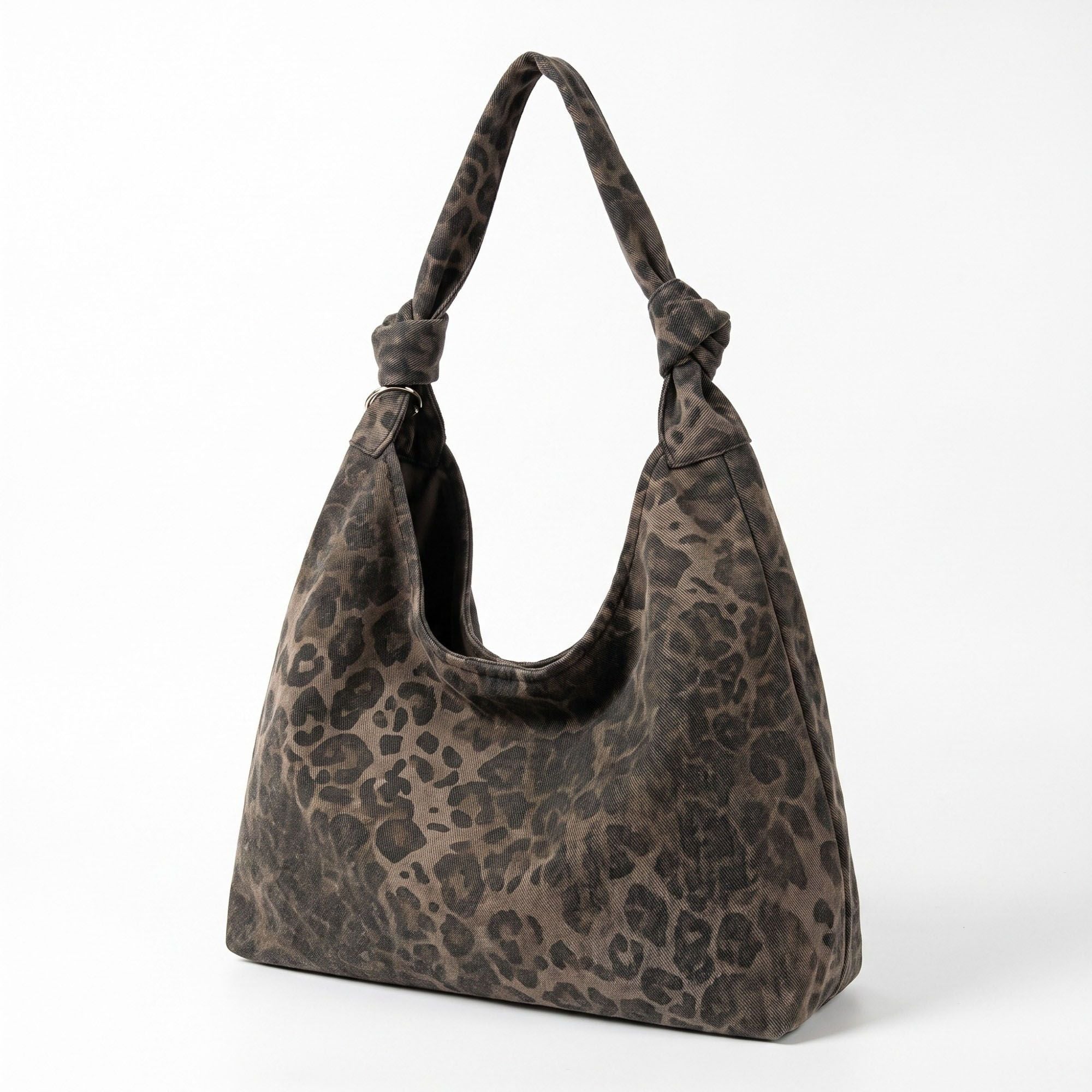 Oversized Leopard Print Hobo Shoulder Bag with Knotted Strap