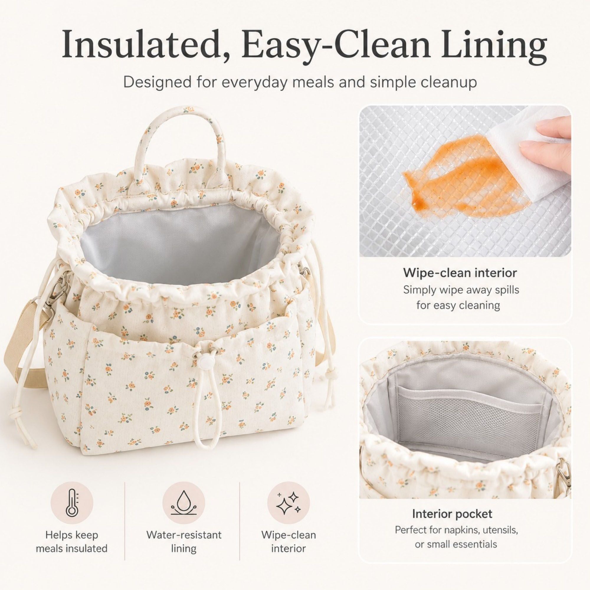 Insulated Drawstring Lunch Bag with Pockets, Top Handles and Shoulder Strap