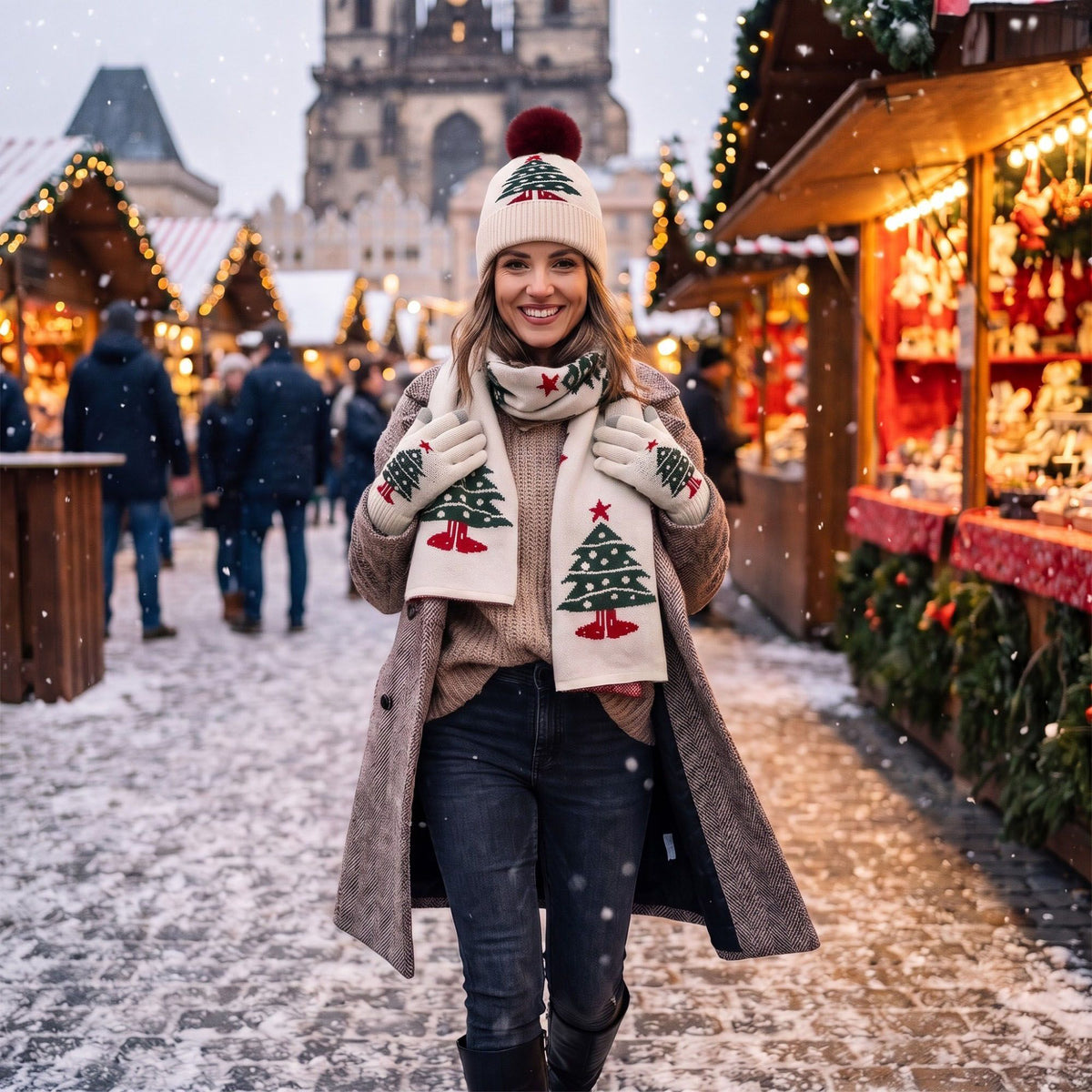 3 Piece Christmas Tree Beanie Scarf and Touchscreen Gloves Set