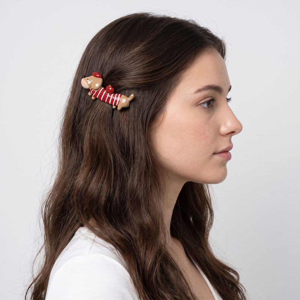 3pc Dachshund Dog Hair Clip Set Striped Puppy Barrettes