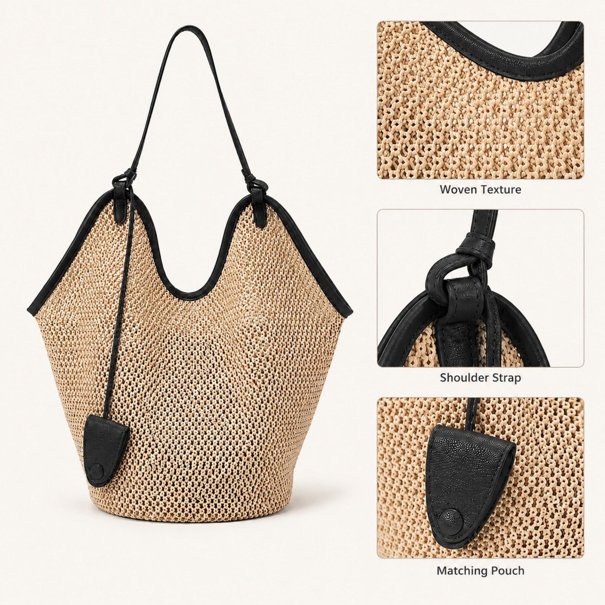 Woven Straw Style Tote Bag Large Capacity Shoulder Bag with Faux Leather Trim