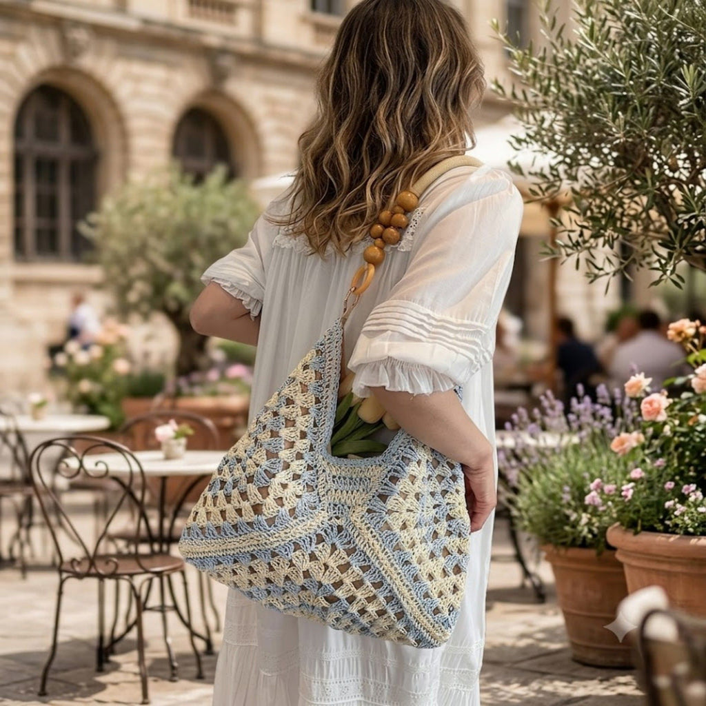 Woven Hobo Shoulder Bag with Beaded Handle and Magnetic Snap Closure