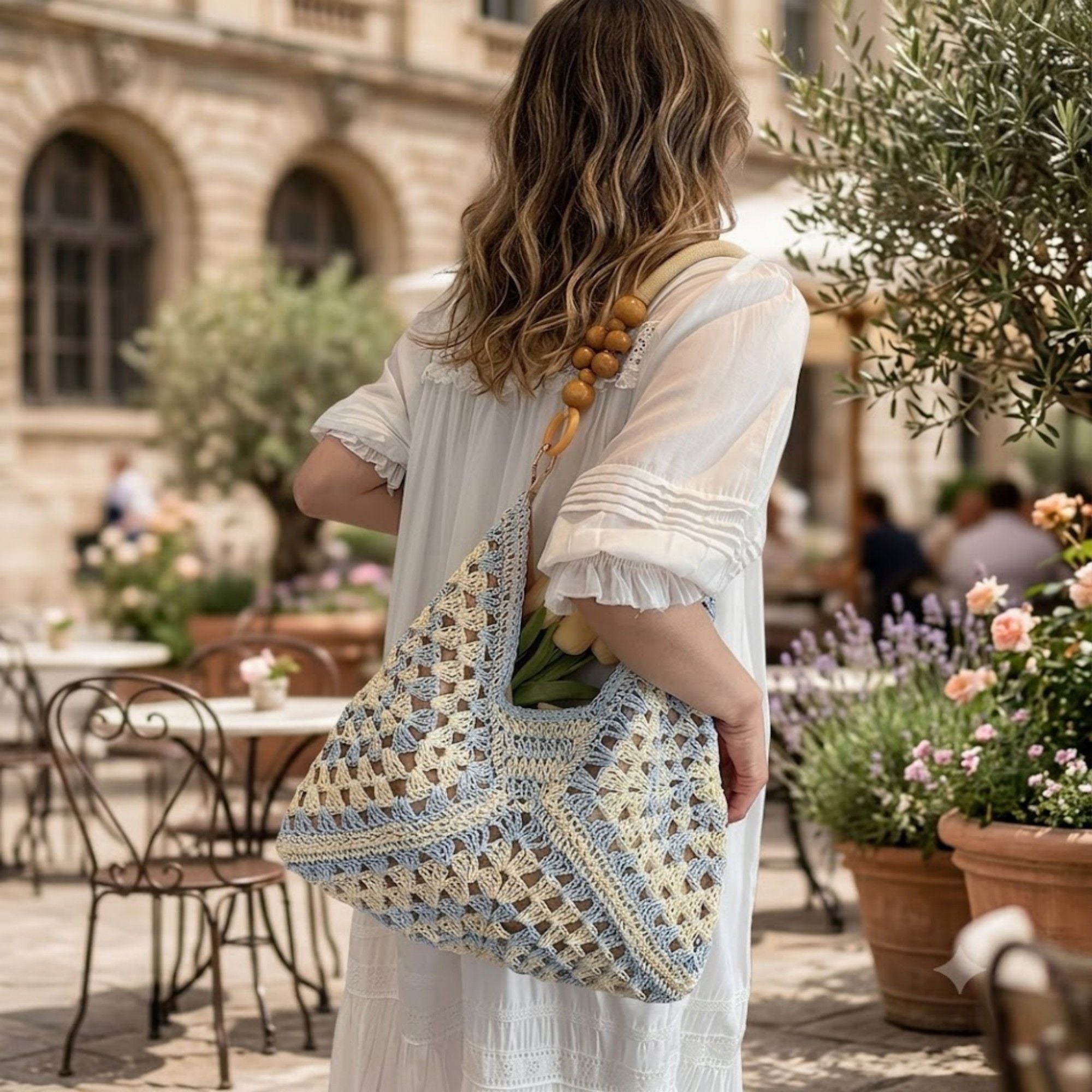 Woven Hobo Shoulder Bag with Beaded Handle and Magnetic Snap Closure