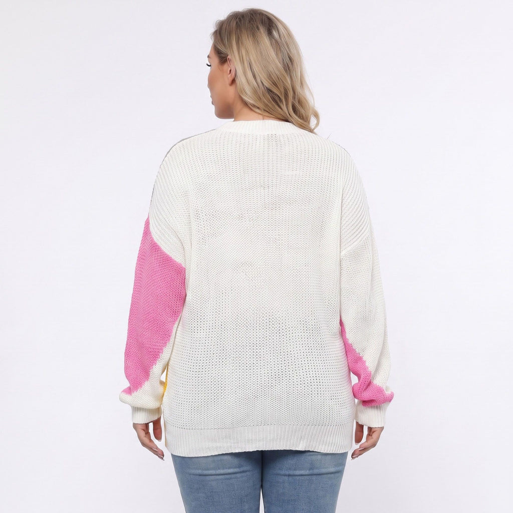 Plus Size White Multicolor Geometric Colorblock Sweater