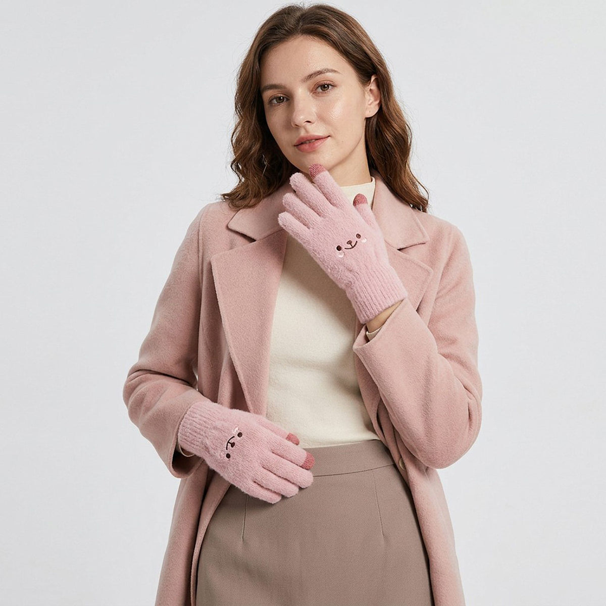 Fuzzy Knit Touchscreen Gloves with Embroidered Smiley Face