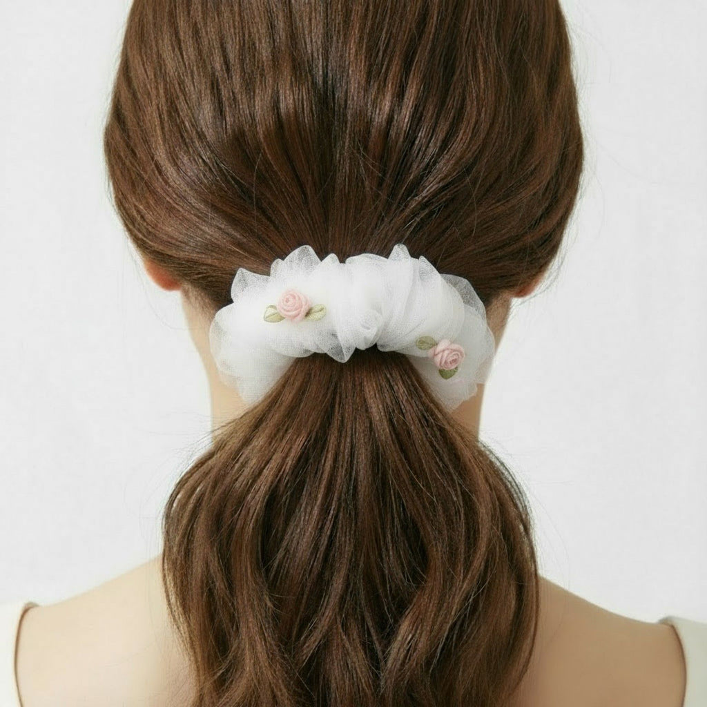 Anna-Kaci 2pcs Sheer Organza Scrunchie with Embroidered Mini Roses and Soft Layered Design