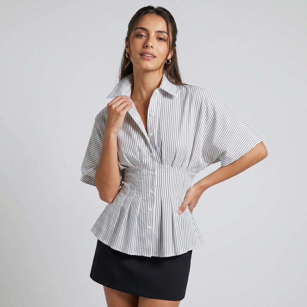Anna-Kaci Women's Striped Button Front Peplum Blouse with Collared Neck and Pleated Hem