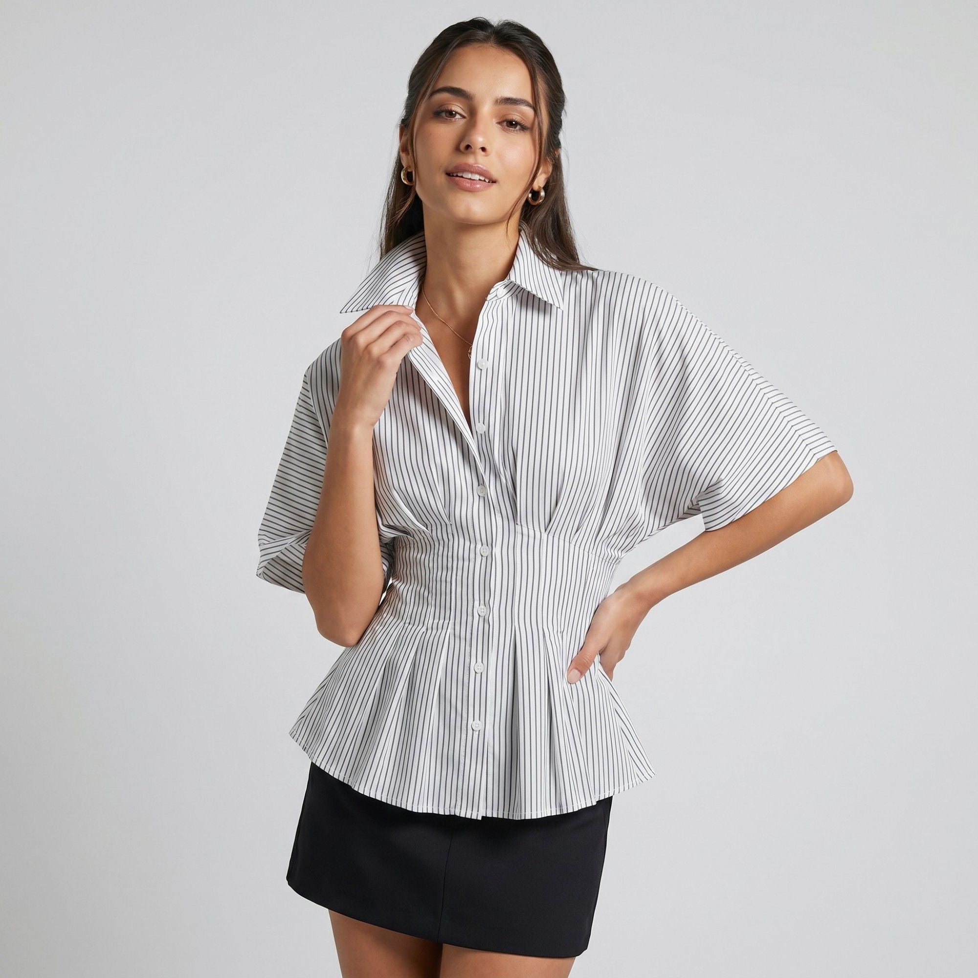 Anna-Kaci Women's Striped Button Front Peplum Blouse with Collared Neck and Pleated Hem