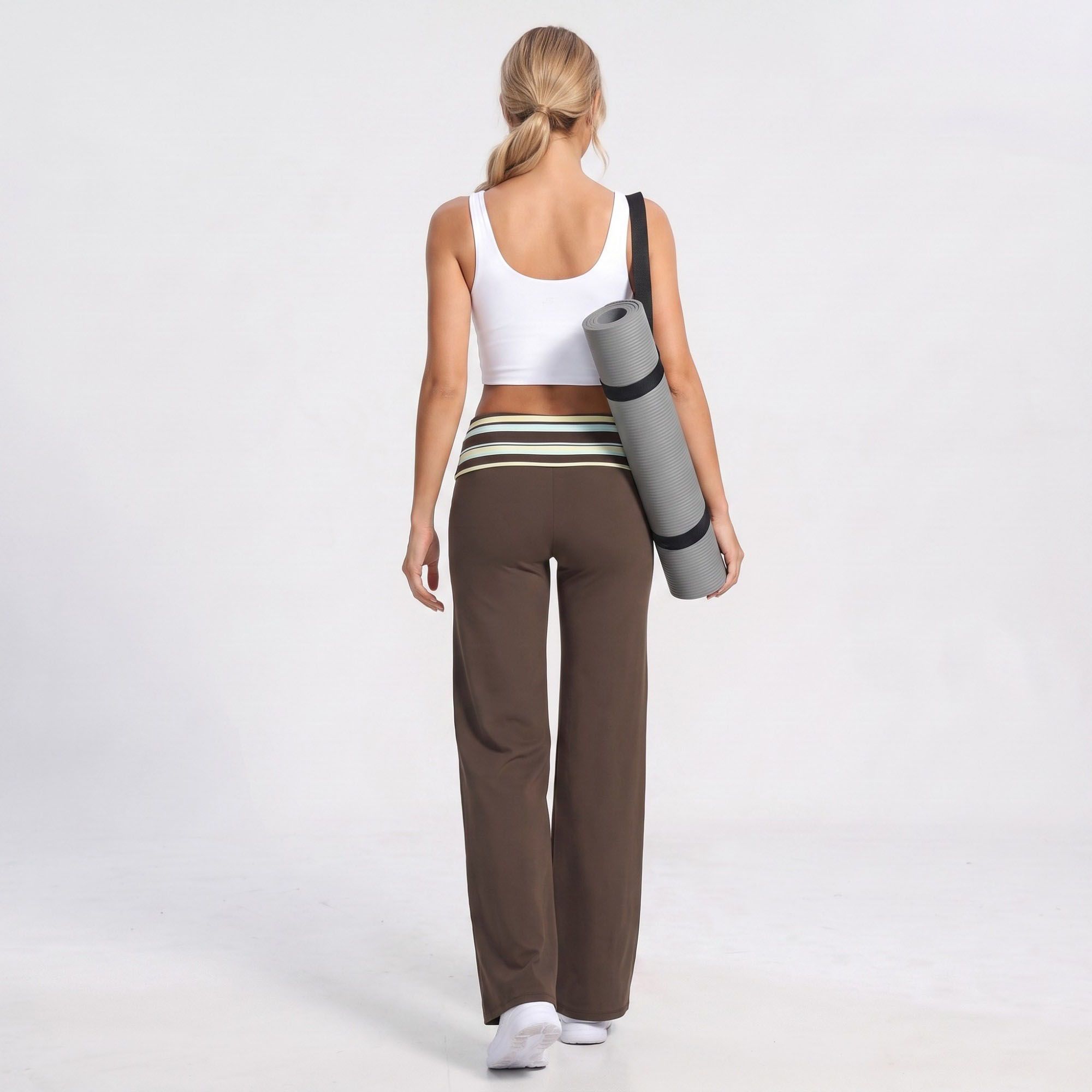 Striped Foldover Waist Wide Leg Yoga Pants Full Length Flowy Workout Trousers