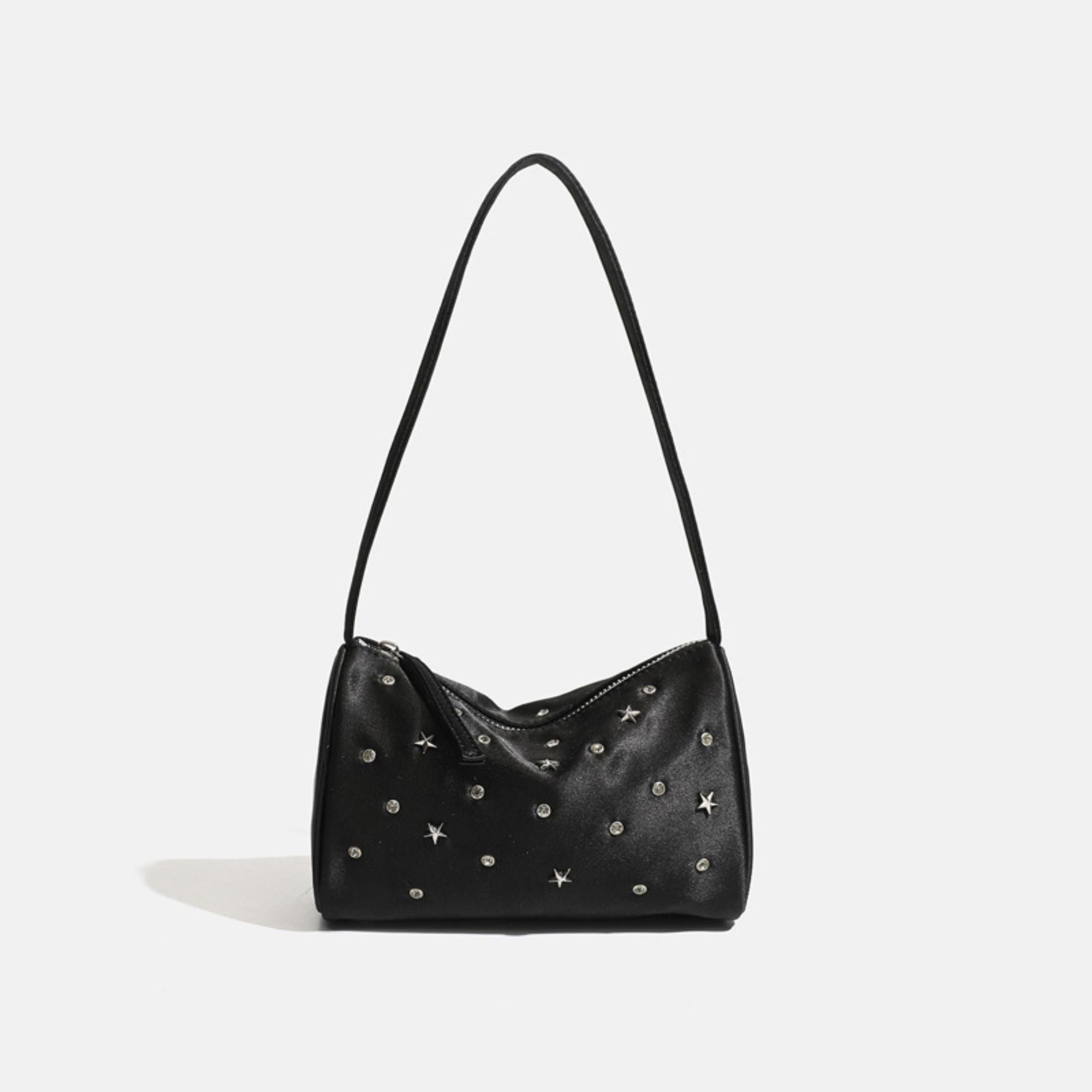Studded Satin Shoulder Bag with Zip Closure and Interior Pocket