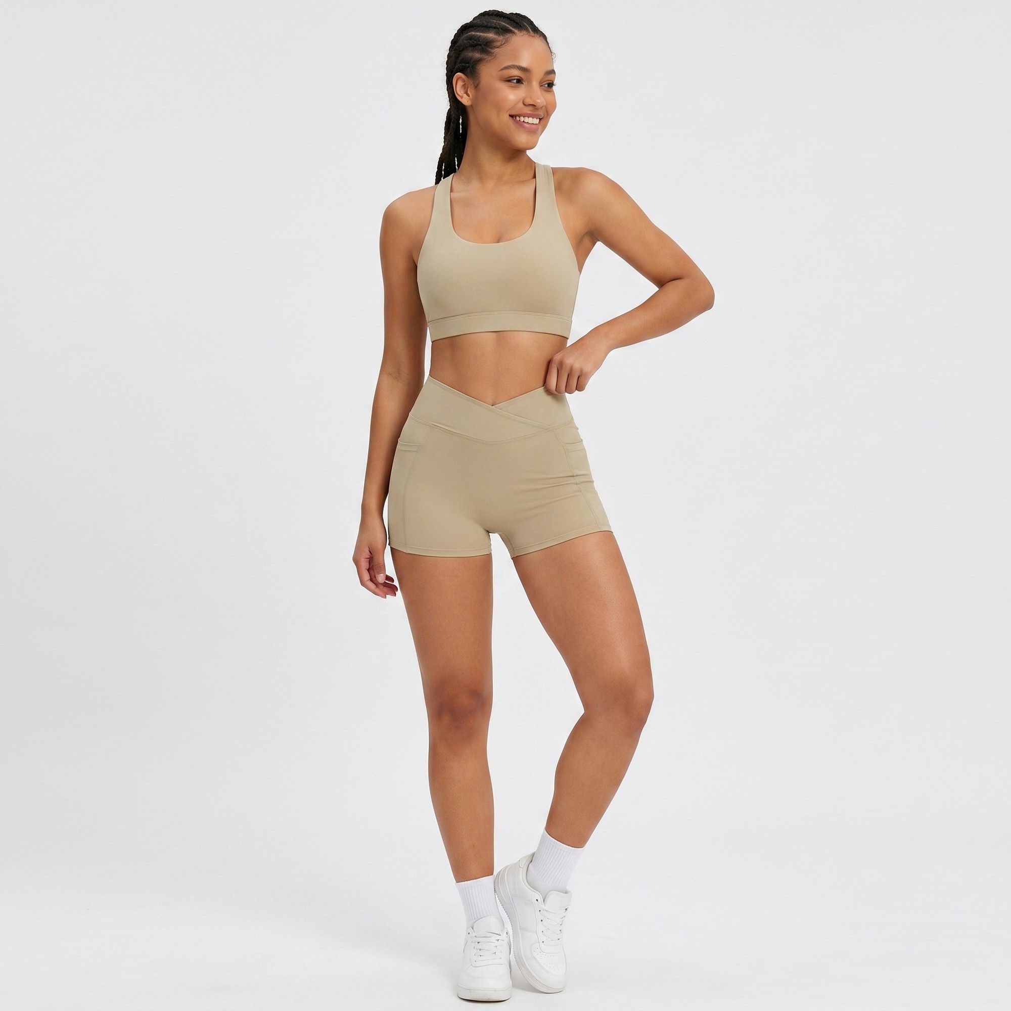 High Waist Crossover Waistband Pocket Workout Biker Shorts
