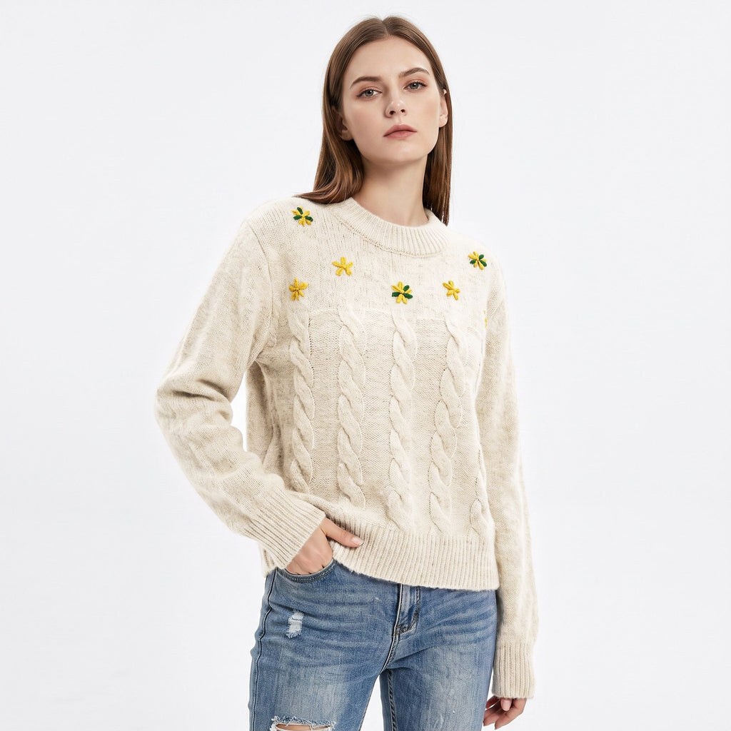 Floral Embroidered Cable Knit Crewneck Sweater