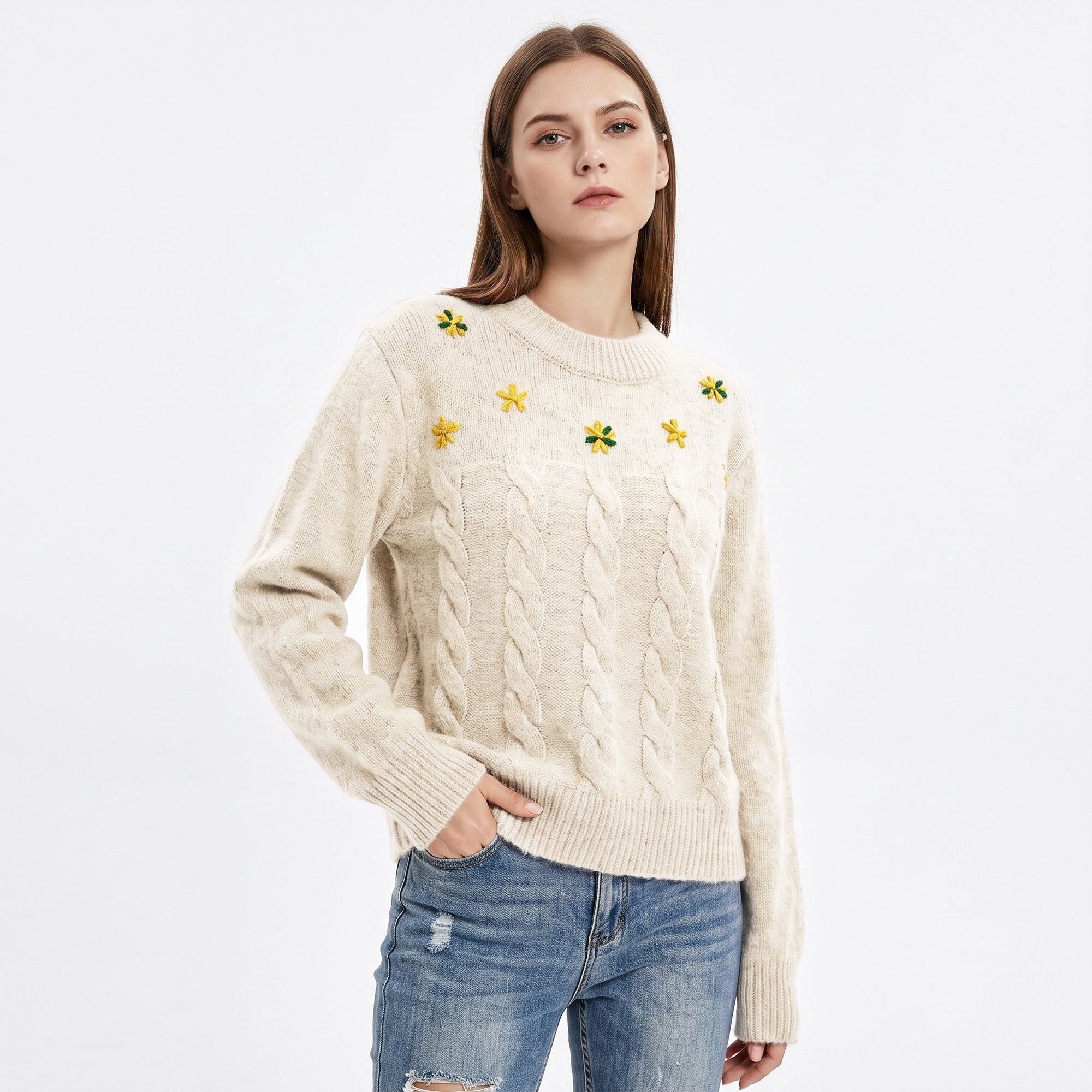 Floral Embroidered Cable Knit Crewneck Sweater