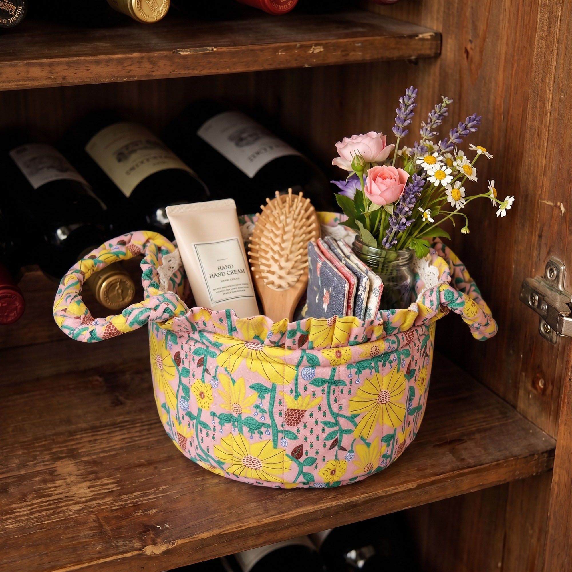 Floral Quilted Fabric Storage Basket with Carry Handles