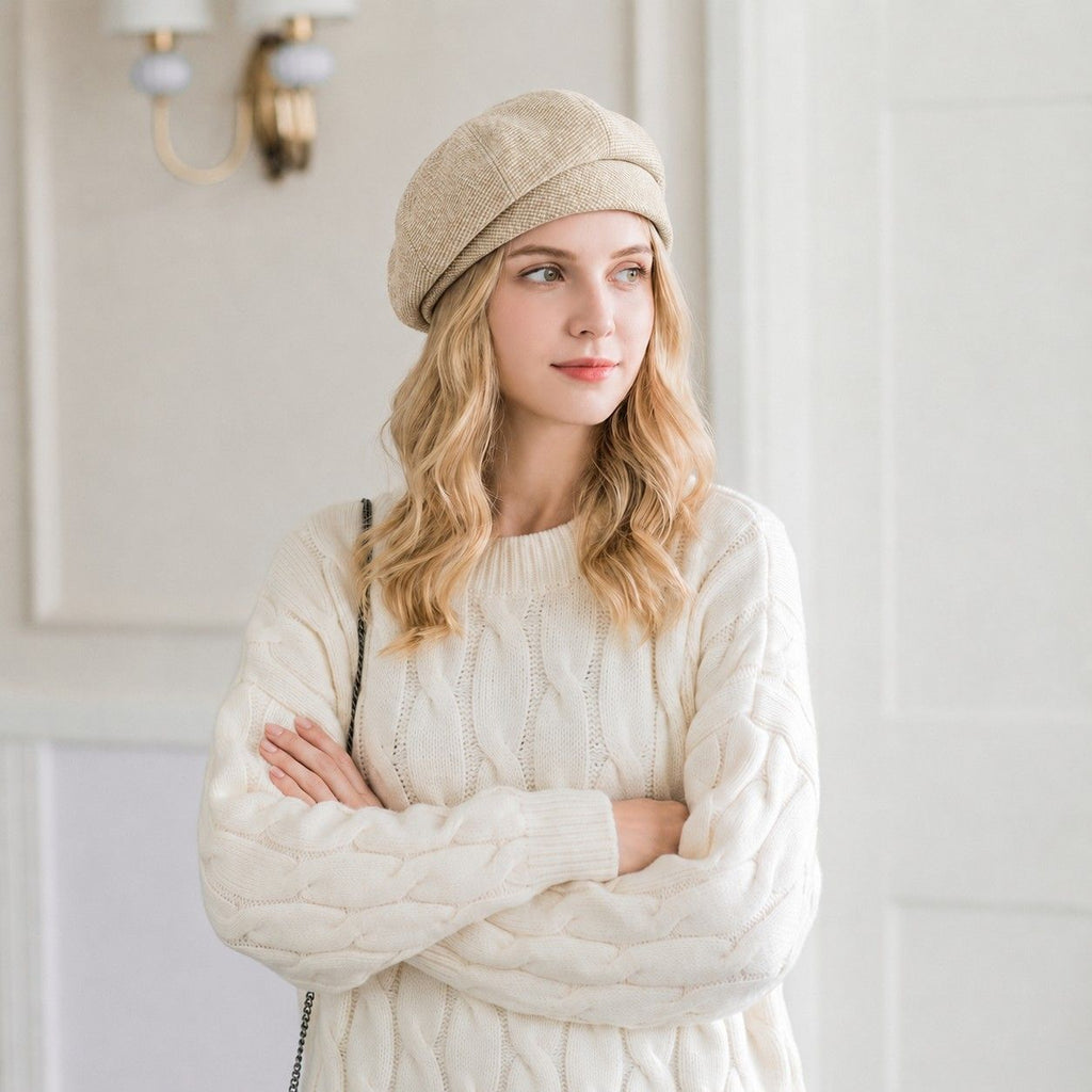 Wool Blend Houndstooth Beret Hat Vintage Painter Cap for Fall Winter