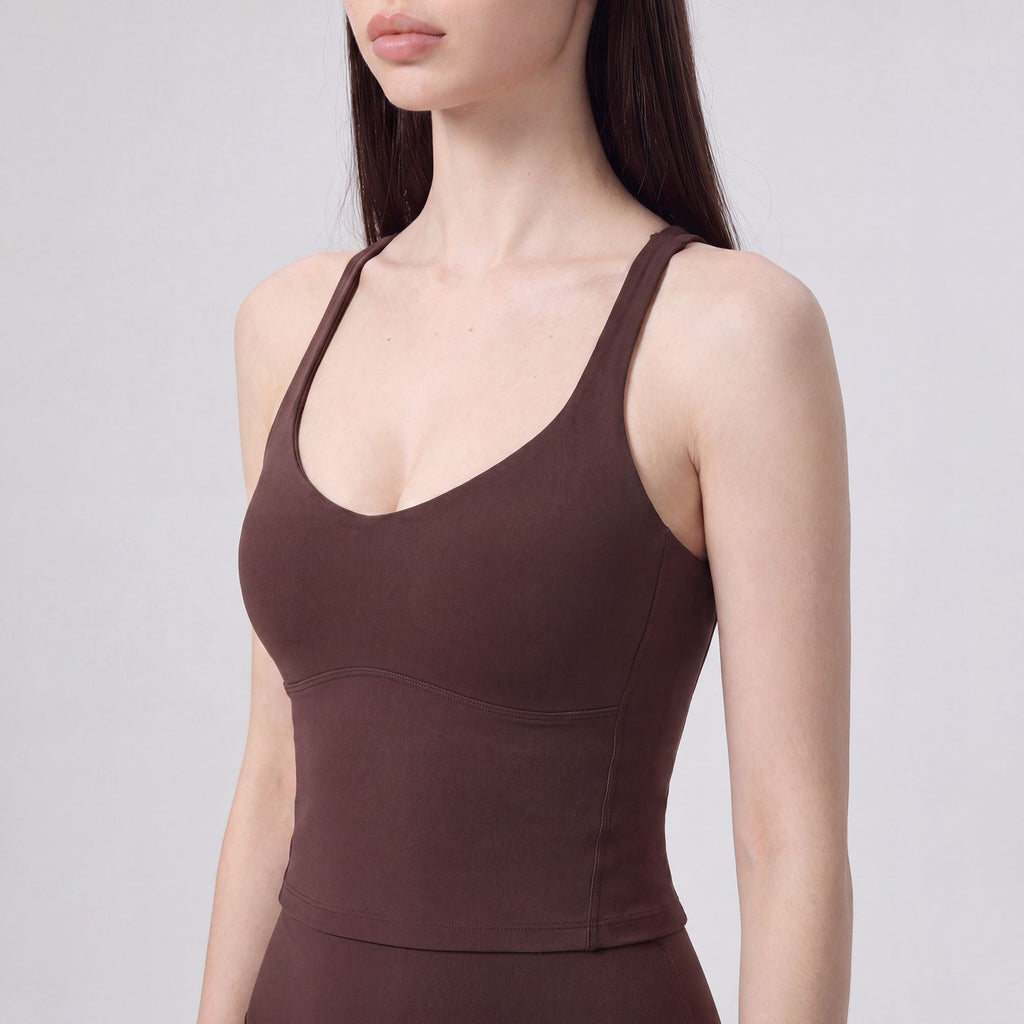 Cropped Yoga Tank Top with Built In Padding Scoop Neck Wide Strap Fitted Activewear Top