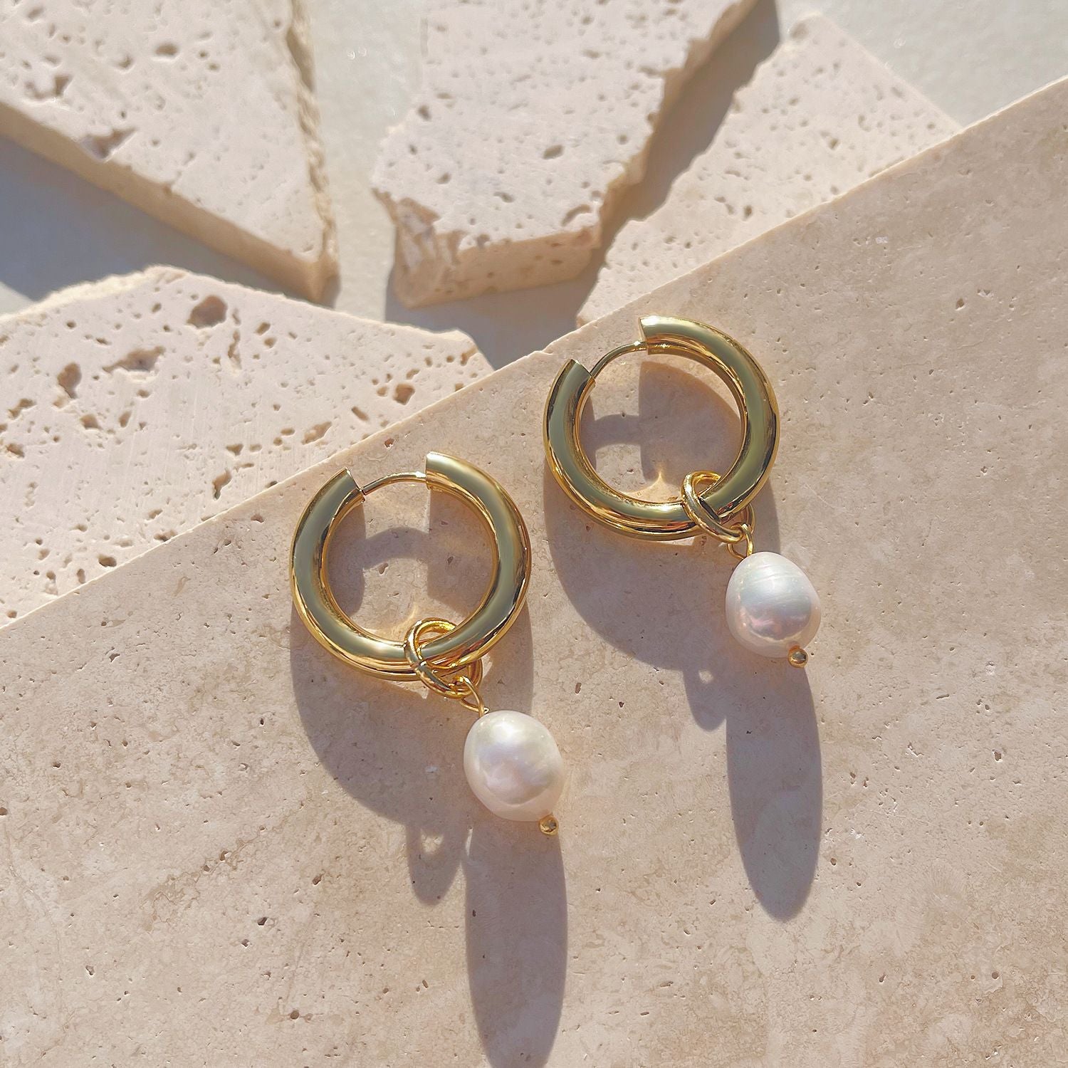 Hoop Earrings with Faux Pearl Drop Charm and Polished Finish