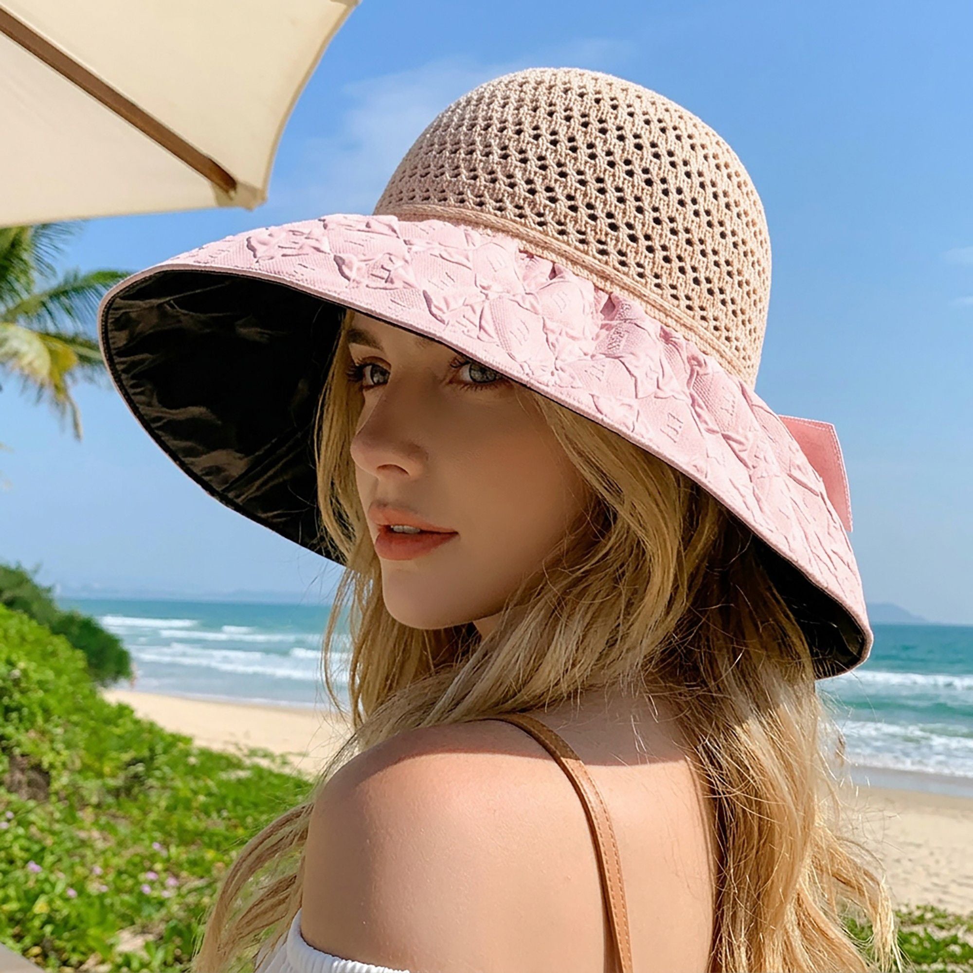 Wide Brim Crochet Sun Hat with Bow Accent and Textured Fabric Brim
