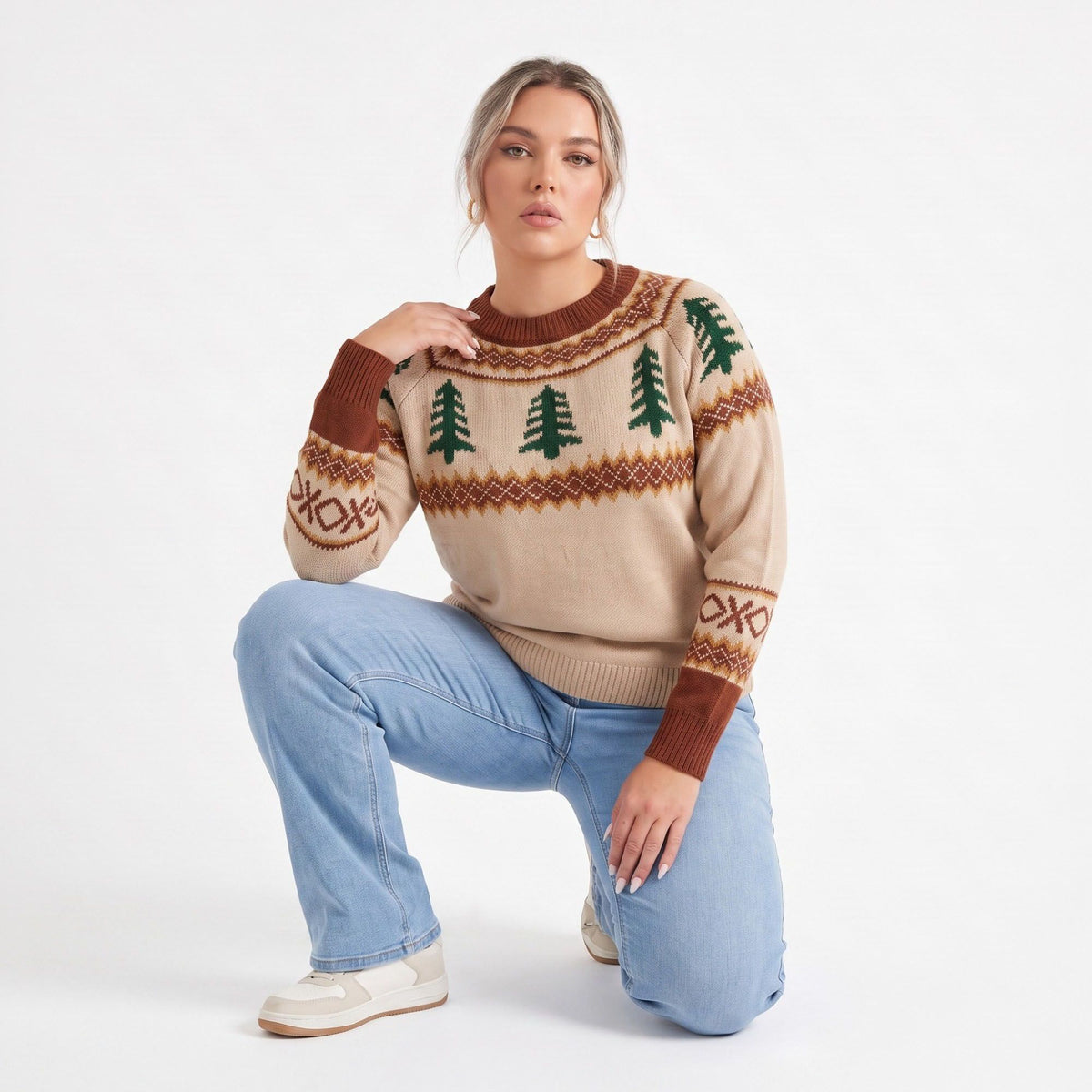 Plus Size Fair Isle Tree Print Crewneck Sweater