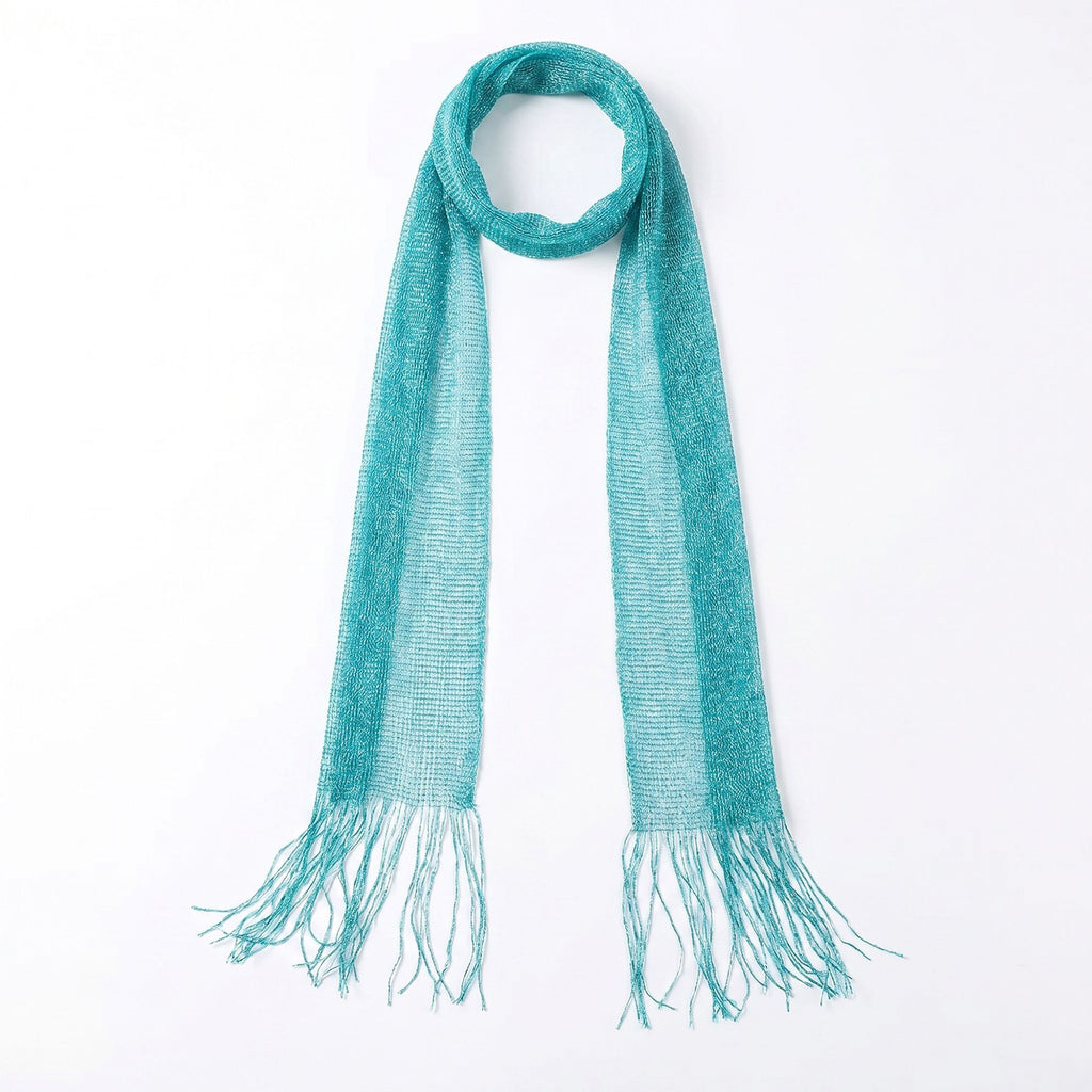 Lightweight Skinny Scarf with Metallic Sheen Fringe Trim and Long Neck Tie Design
