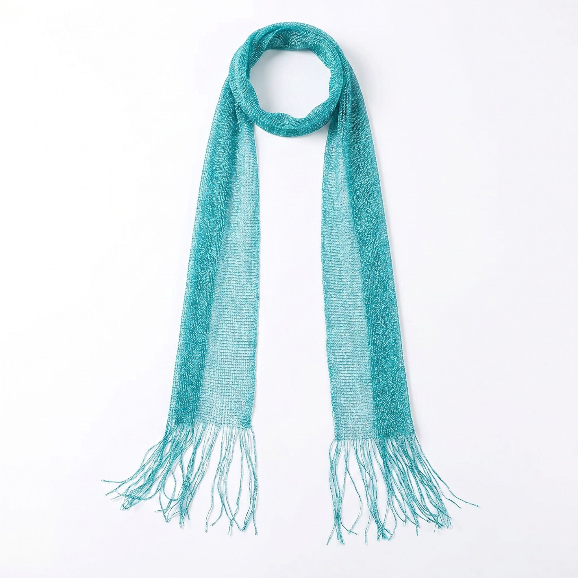 Lightweight Skinny Scarf with Metallic Sheen Fringe Trim and Long Neck Tie Design