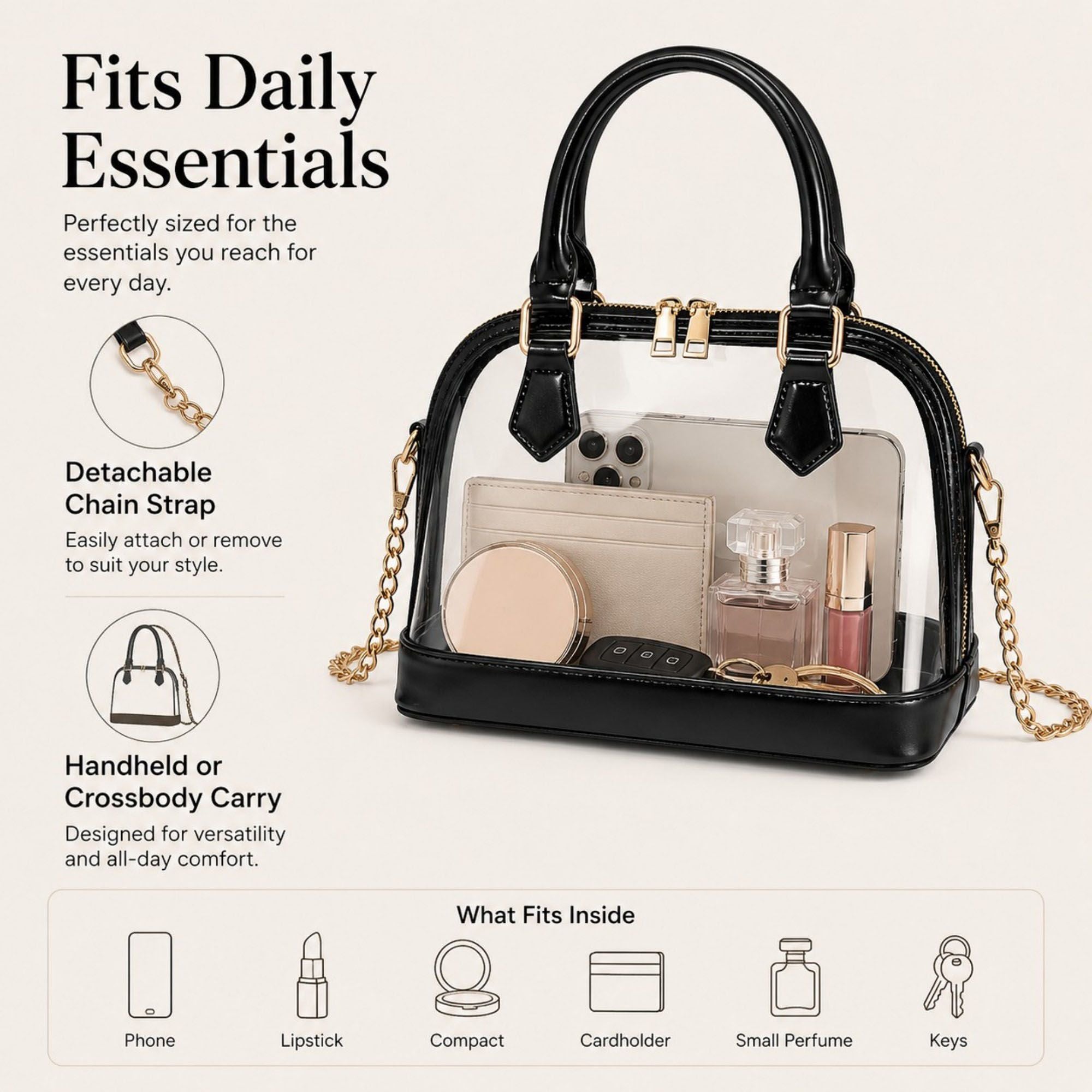 Clear PVC Mini Satchel Bag with Zipper Top and Detachable Chain Strap