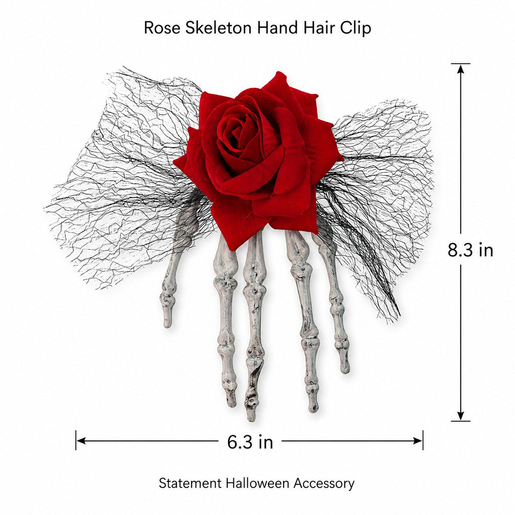 Skeleton Hand Pet Hair Clip with Red Rose and Black Lace