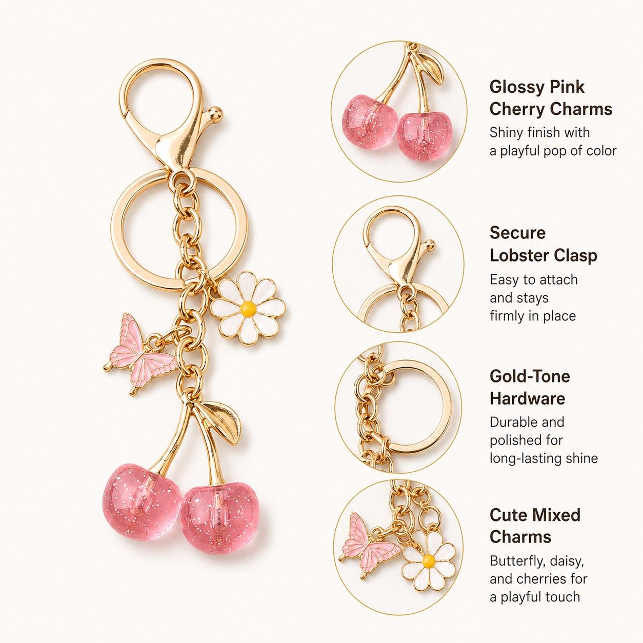 Cherry Bag Charm Keychain with Daisy and Butterfly Accents and Gold-Tone Clip