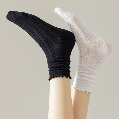 Anna-Kaci Women's Ribbed Crew Socks with Ruffle Lettuce Trim Soft Stretch Knit Comfortable Everyday 5-Pack