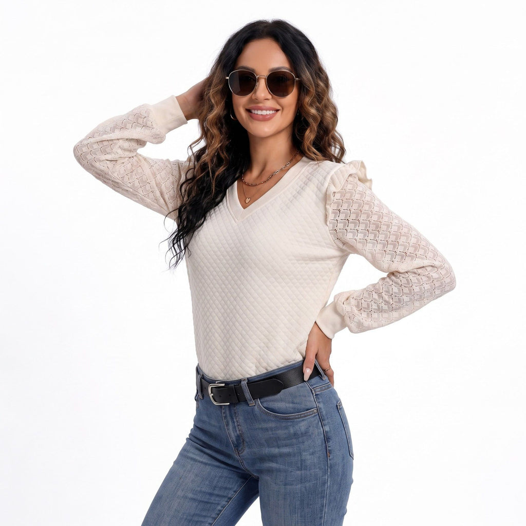 Lace Sleeve V Neck Quilted Ruffle Shoulder Top