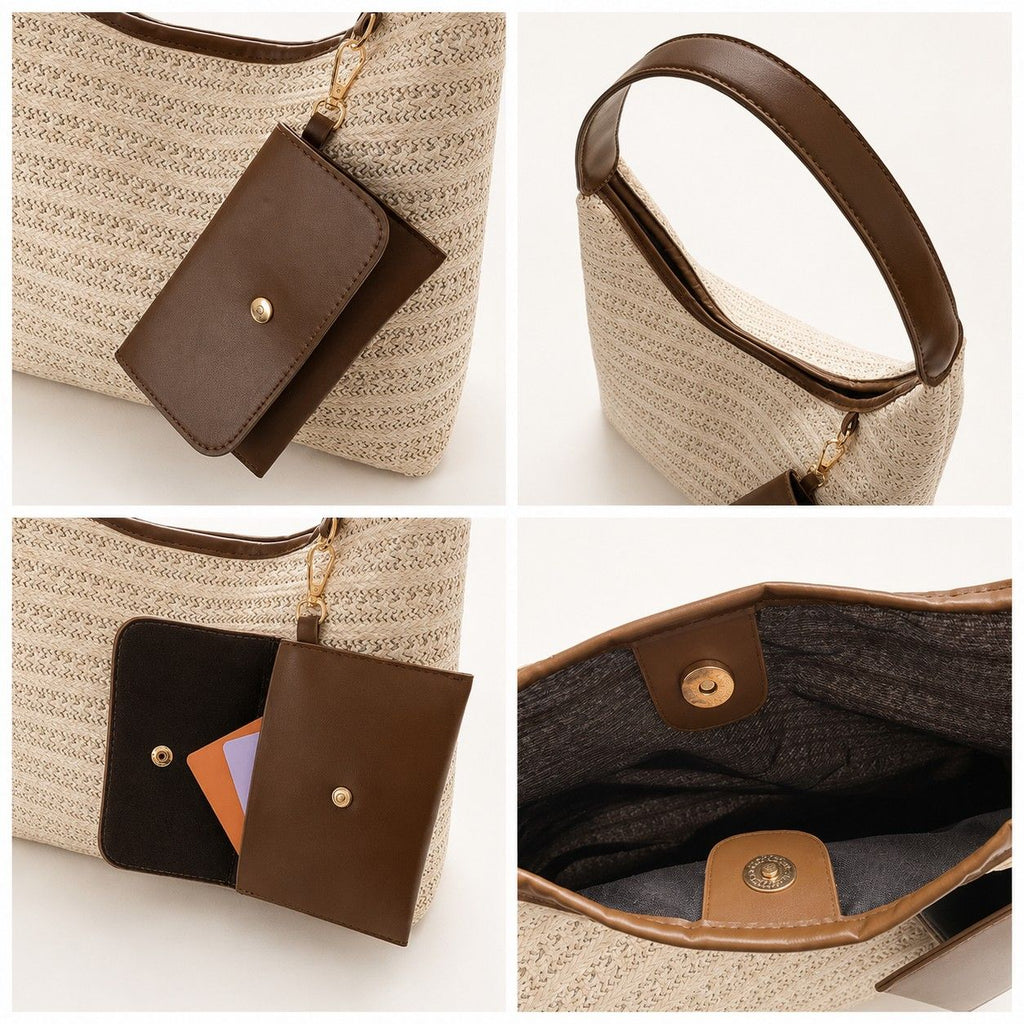 Woven Straw Shoulder Bag Hobo Handbag with Removable Pouch and Magnetic Closure