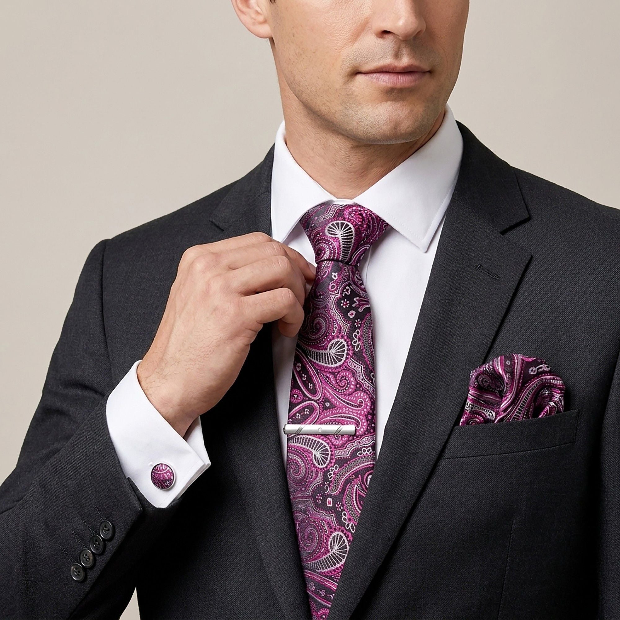 Men's Rose Floral Tie Gift Set with Matching Pocket Square Cufflinks and Silver Tie Clip