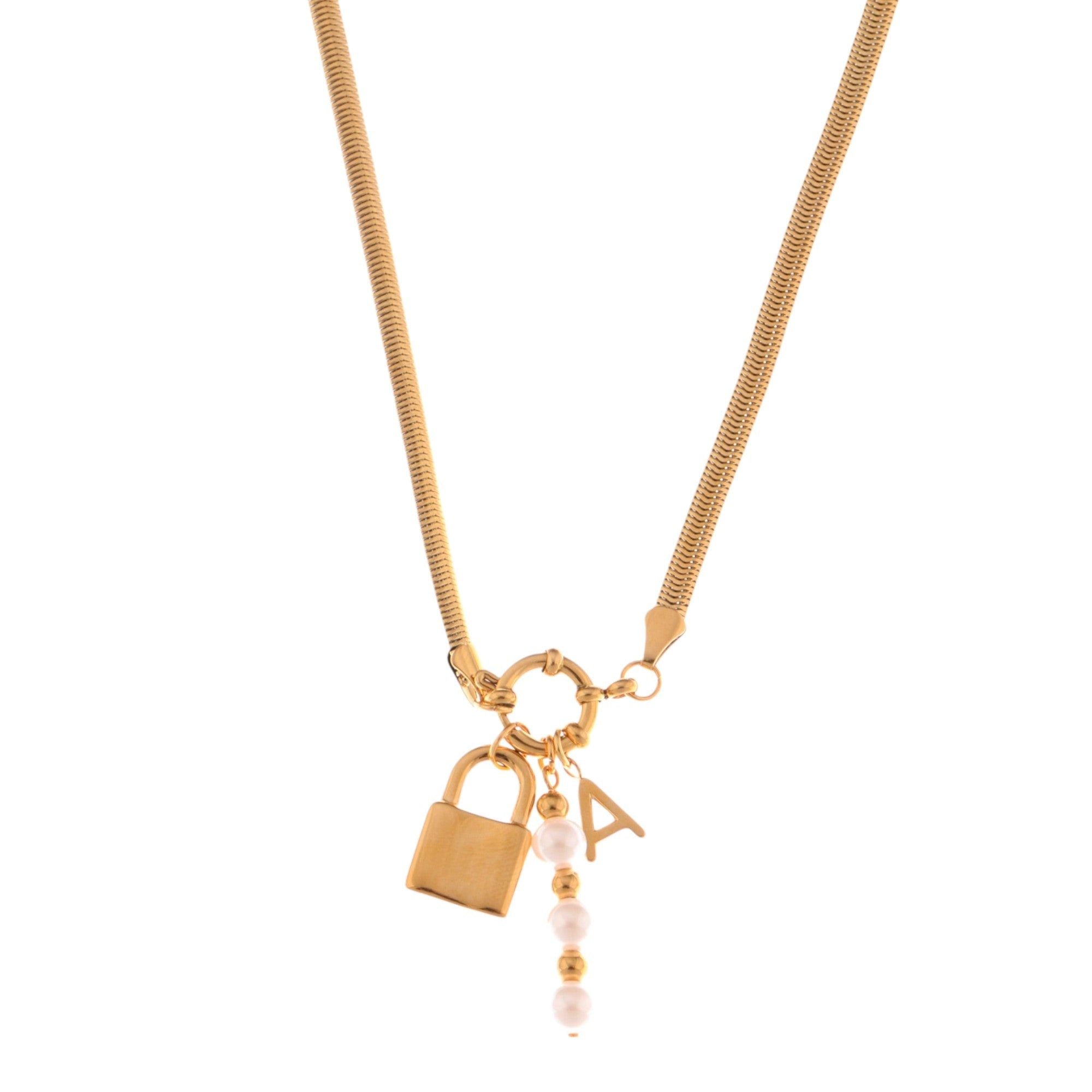 Fashion Gold-Tone Lock Pendant Fashion Necklace with Pearl and Initial Charm Details