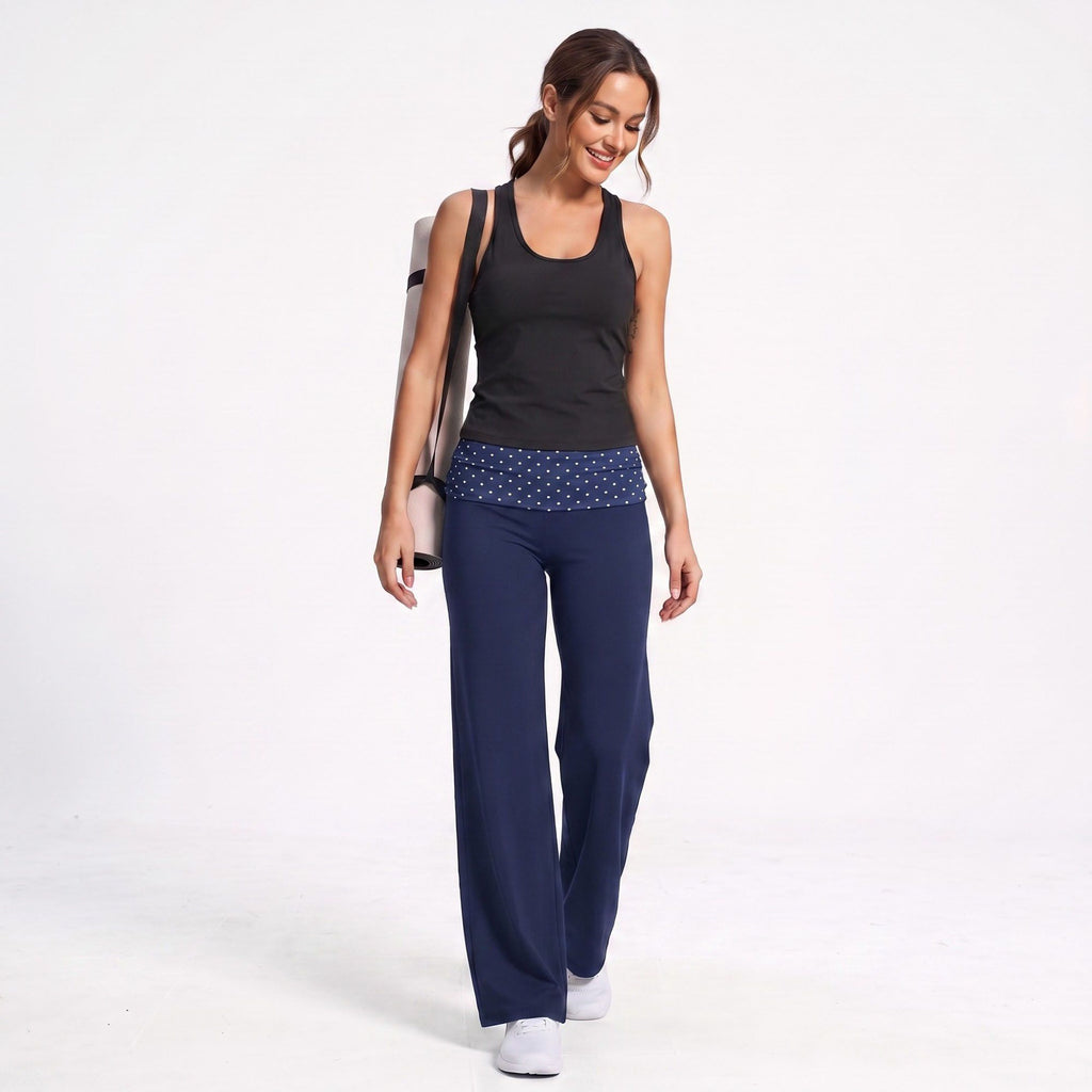 Polka Dot Foldover Waist Wide Leg Yoga Pants Full Length Flowy Workout Trousers