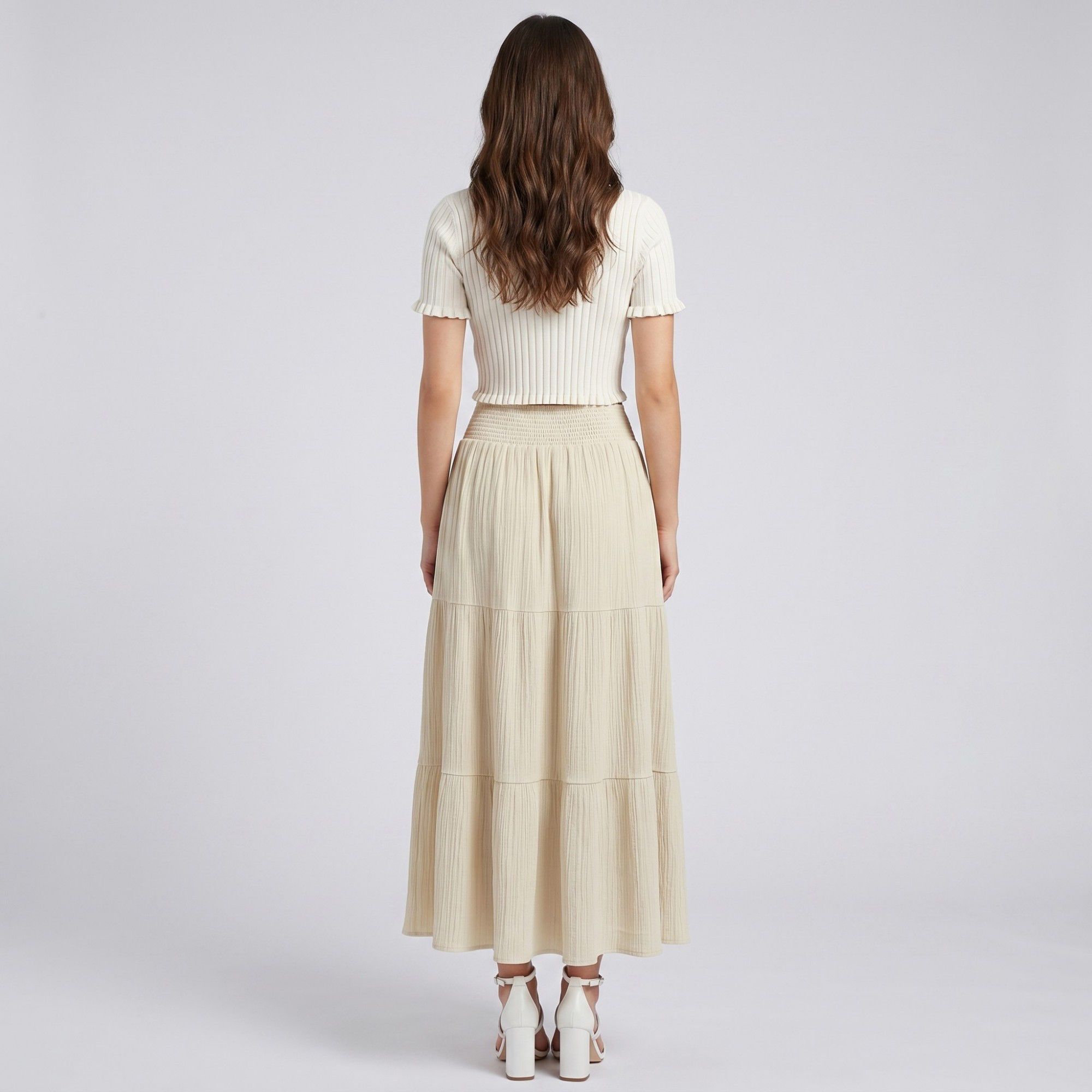 High Waist Smocked Tiered Maxi Skirt Boho Flowy Textured Long Skirt