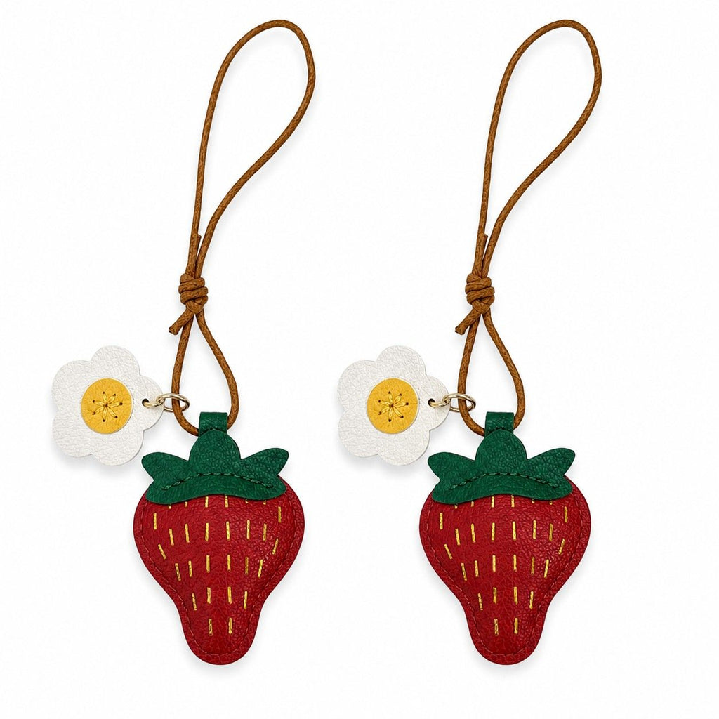 2-Pack Stitched Strawberry Bag Charm Keychains with Daisy Accents and Cord Loops
