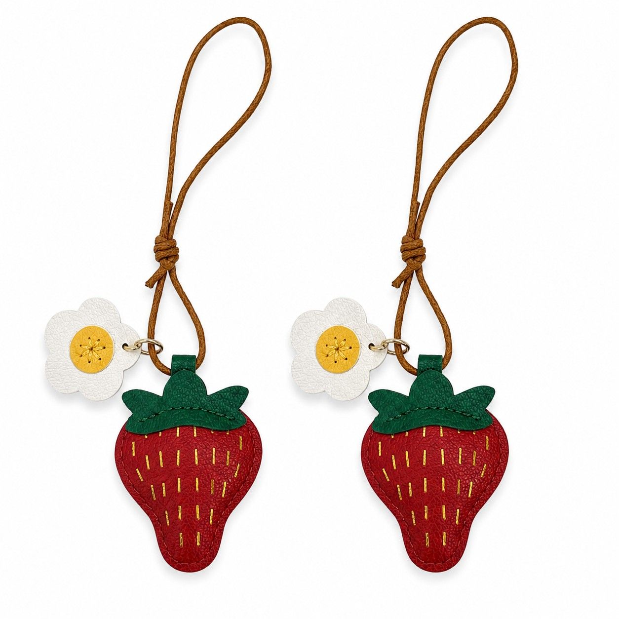 2-Pack Stitched Strawberry Bag Charm Keychains with Daisy Accents and Cord Loops