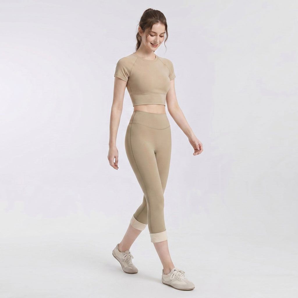 High Waist Capri Leggings with Folded Cuff Hem Wide Waistband Smooth Stretch Yoga Pants