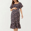 Pink women's midi dress with floral, short sleeve and square neck