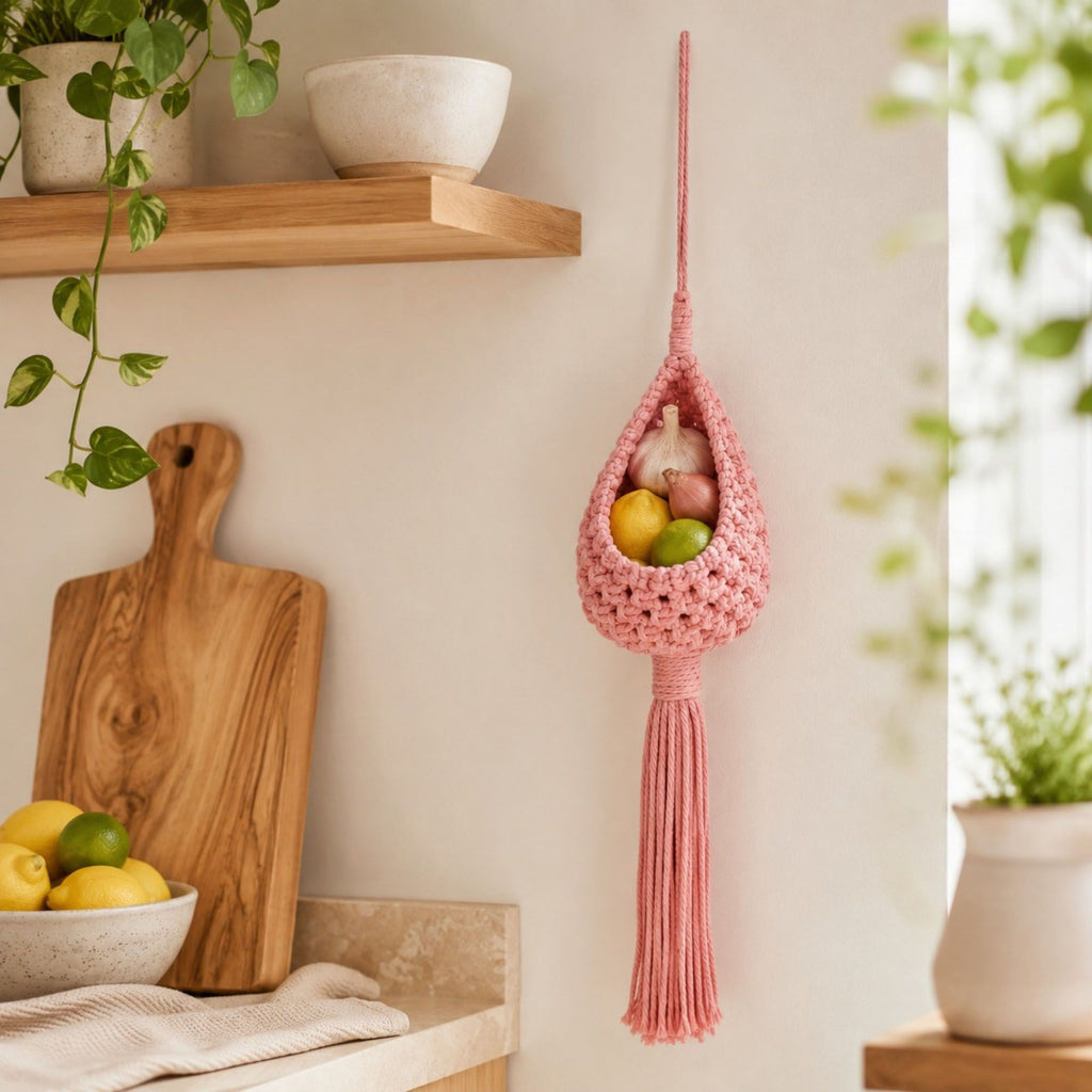Macrame Hanging Basket with Wood Ring Tassel for Plant and Home Storage
